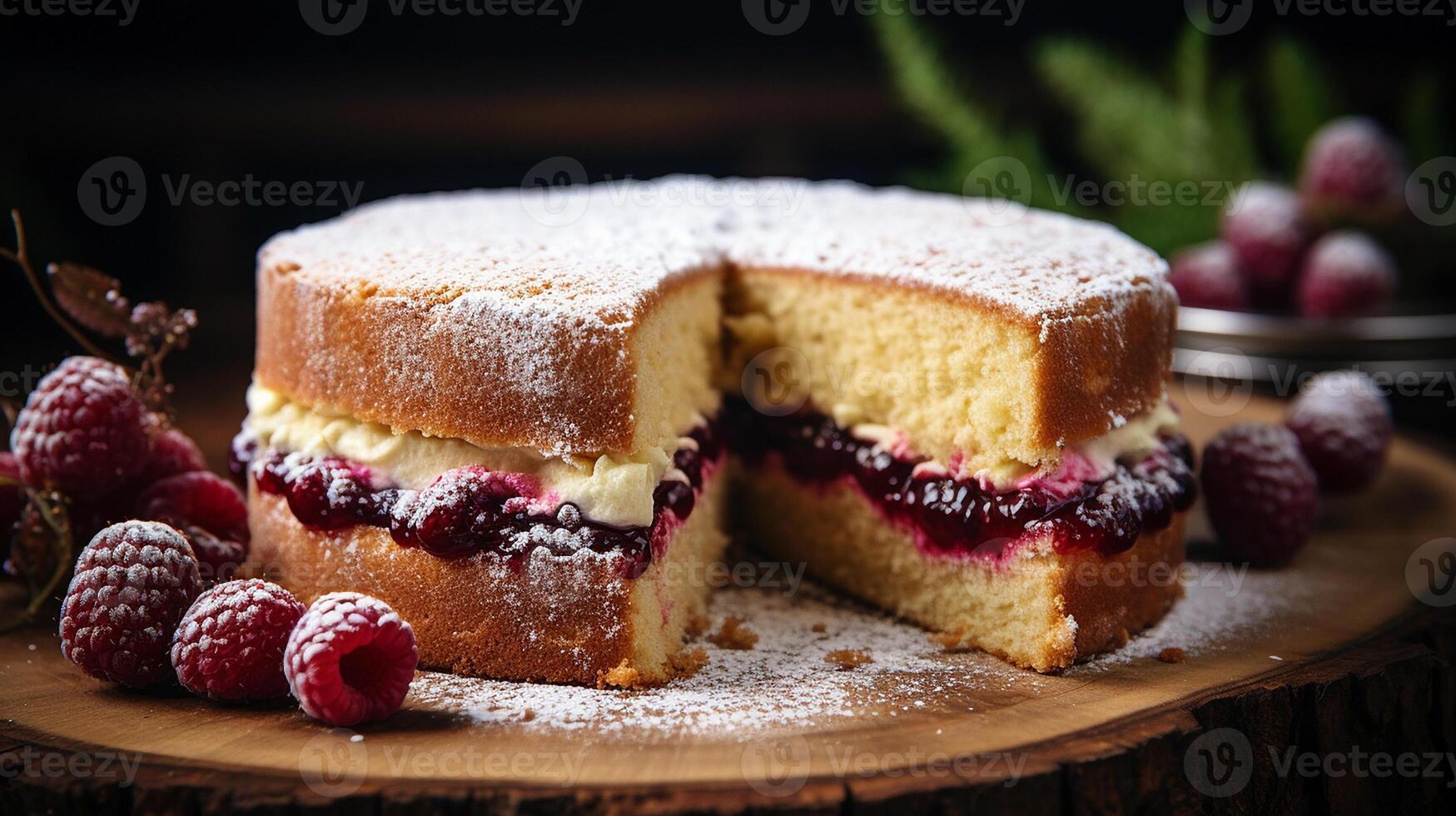 AI generated A cut slice of Victoria Sponge Cake with strawberry jam and topped with powdered sugar placed on a rustic wooden table, Close-up Shot photo