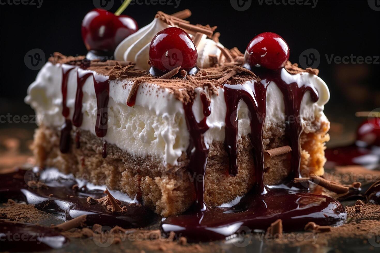 AI generated Decadent Black Forest Cake Slice with Whipped Cream and Chocolate Shavings, Macro Shot photo