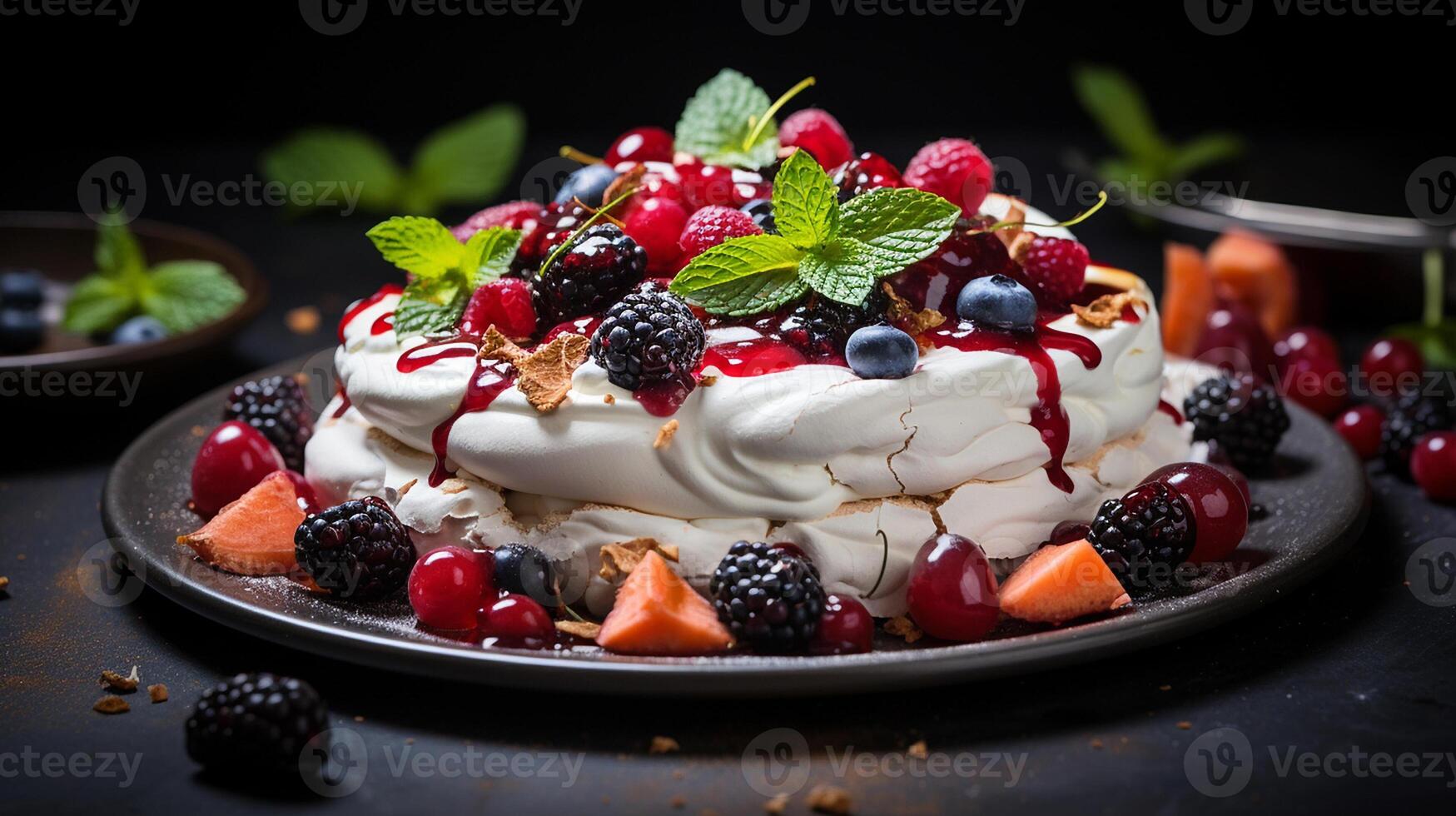 AI generated A Pavlova cake surrounded by scattered berries and mint leaves on a rustic metal tray, Mid-angle Shot photo