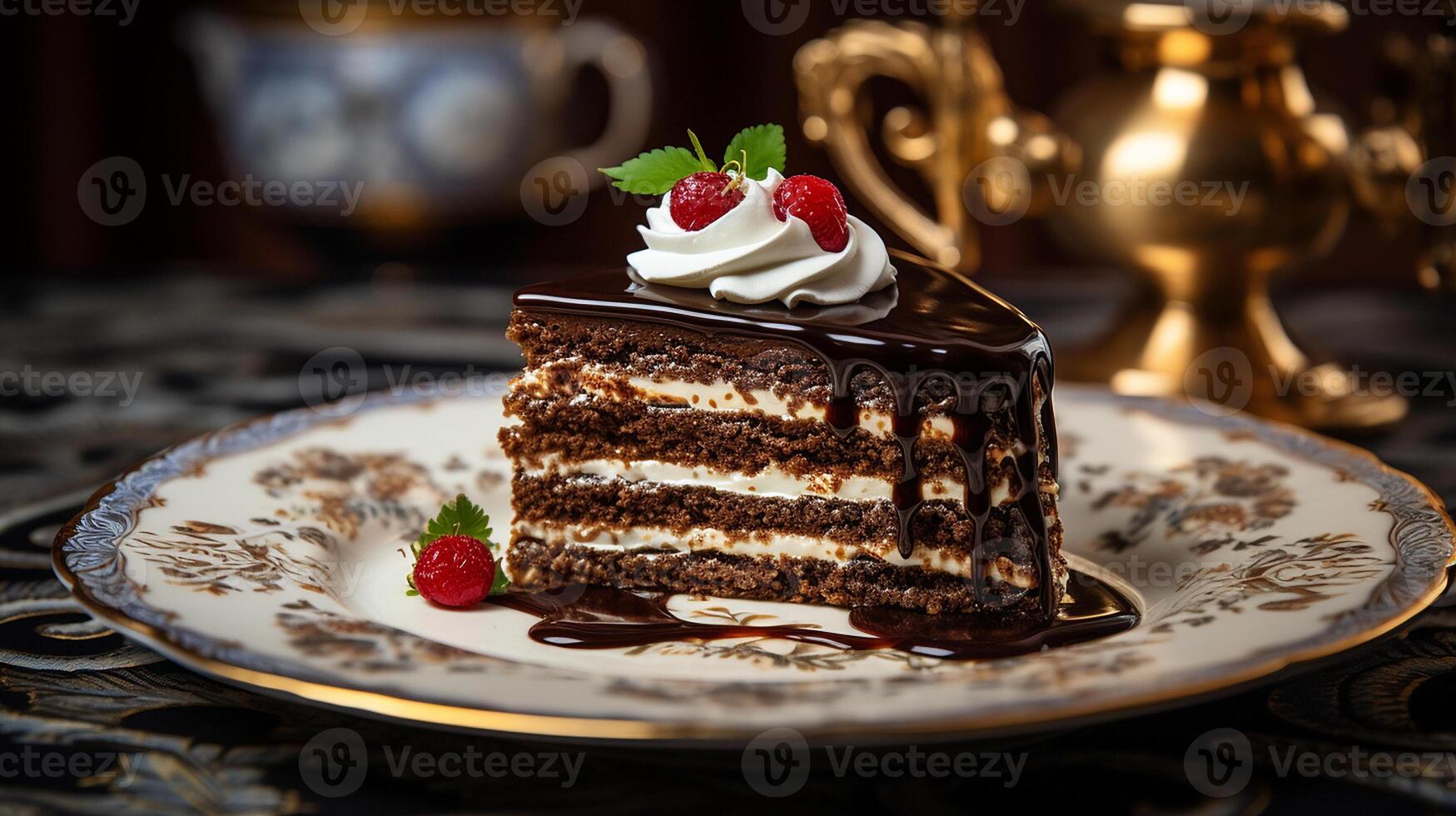 AI generated A slice of Sachertorte cake with whipped cream and rapsberry placed on porcelain plate, Artistic Shot photo