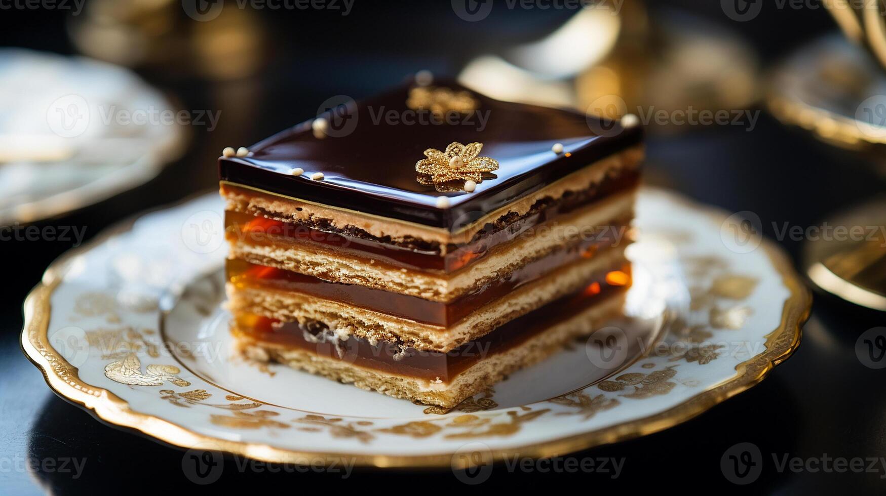 AI generated A slice of Opera cake with signature layers visible placed on a antique plate, Mid-angle Shot photo