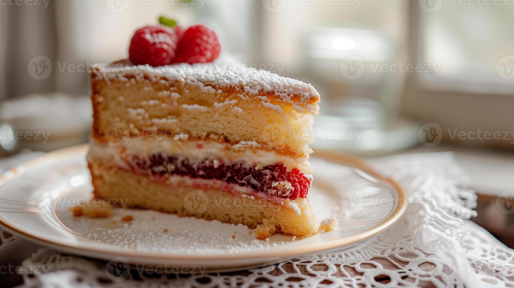 ai generado un rebanada de victoria esponja pastel con fresa mermelada relleno servido en un blanco plato con un cordón Manteles, ángulo medio Disparo foto