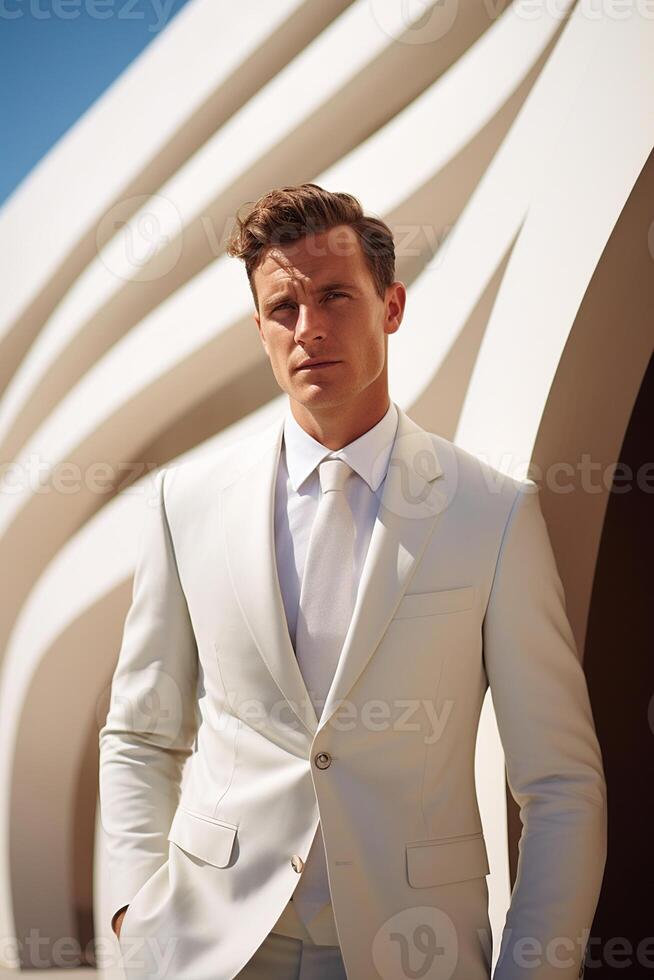 AI generated White man wearing a sleek and tailored outfit posing in front of a minimalist architectural backdrop, Mid-length Shot photo