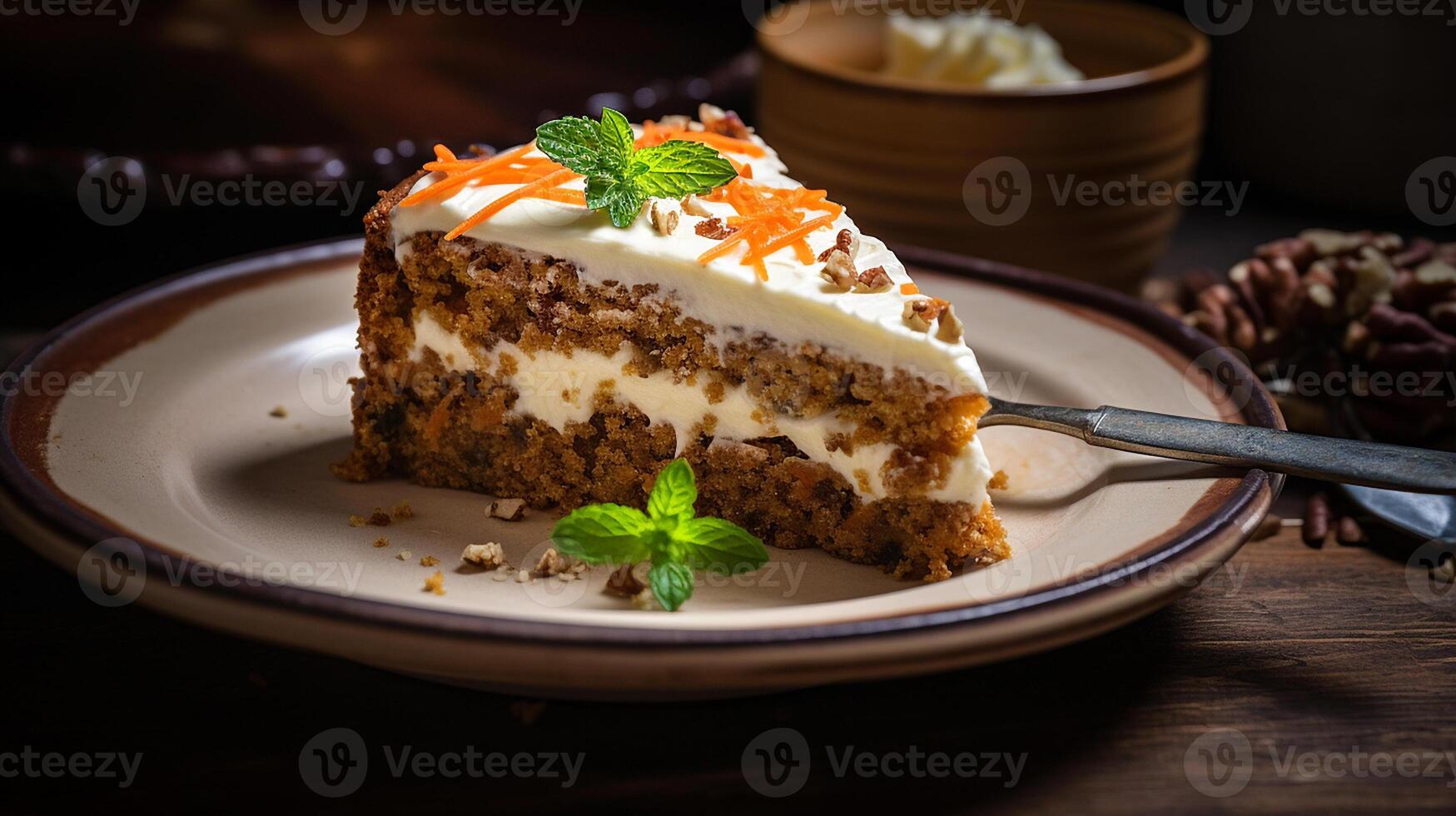 AI generated A slice of Carrot Cake with cream cheese served on a vintage ceramic plate, Artistic Shot photo