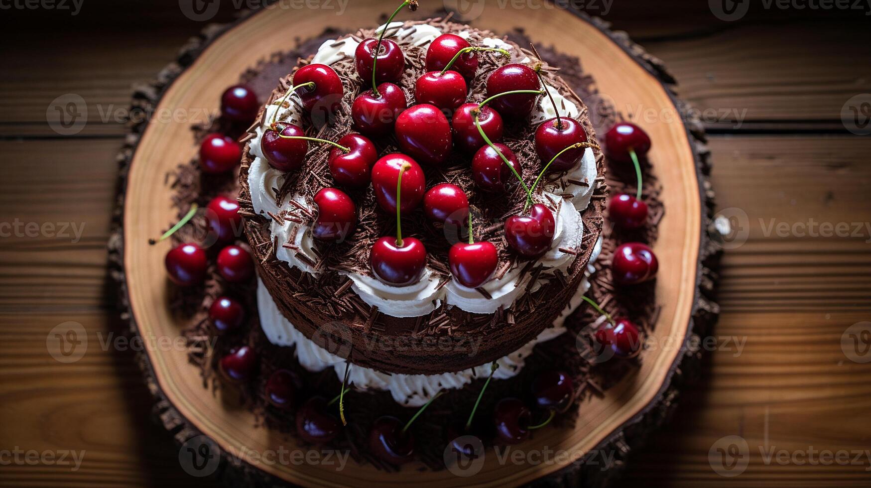 AI generated A whole Black Forest Cake topped with fresh cherries and chocolate shavings on a rustic wooden table, Overhead Shot photo