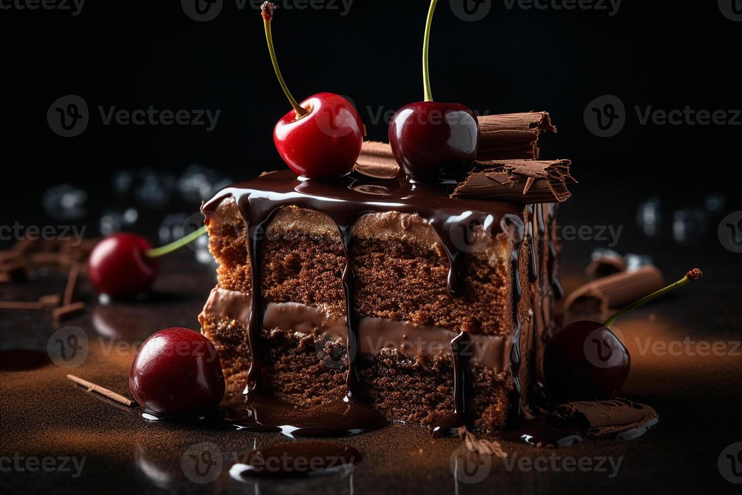 AI generated Slice of Black Forest Cake with Chocolate Cherry Combination against a dark background, Macro Shot photo