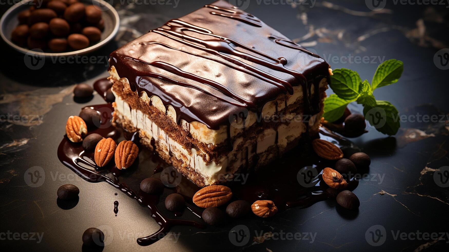 AI generated Opera cake slice with chocolate glaze and almond on top placed on a marble countertop, Overhead Shot photo