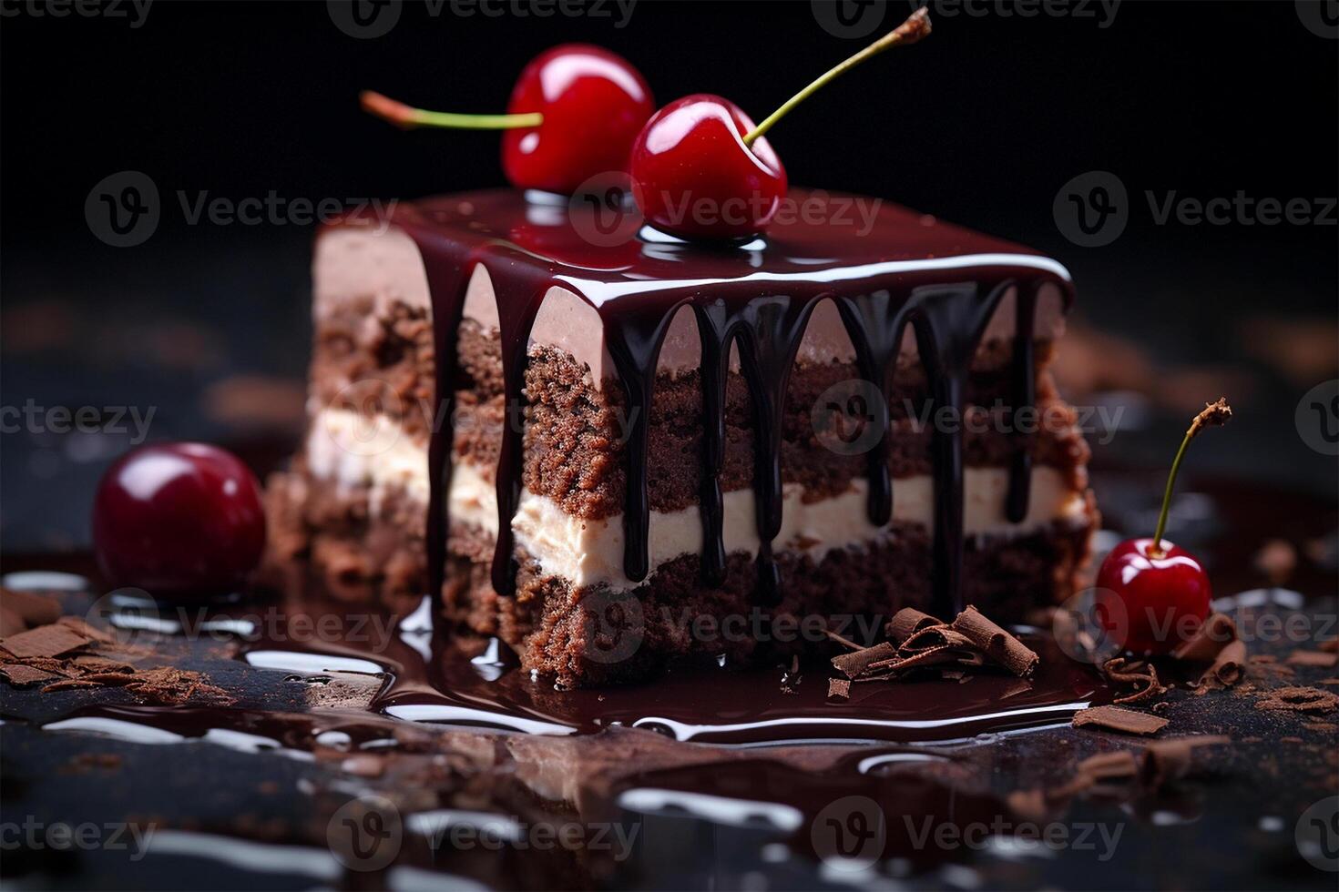 AI generated Slice of Black Forest Cake with Chocolate Cherry Combination against a dark background, Macro Shot photo