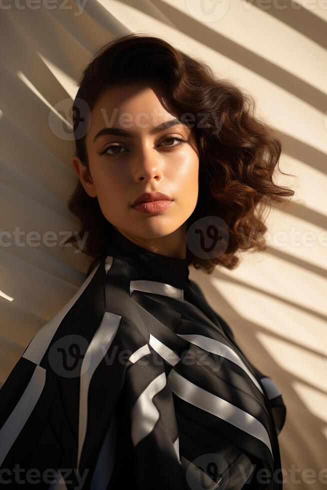 AI generated Hispanic woman in a structured well-fitted outfit standing within a minimalist space, Close-up Shot photo