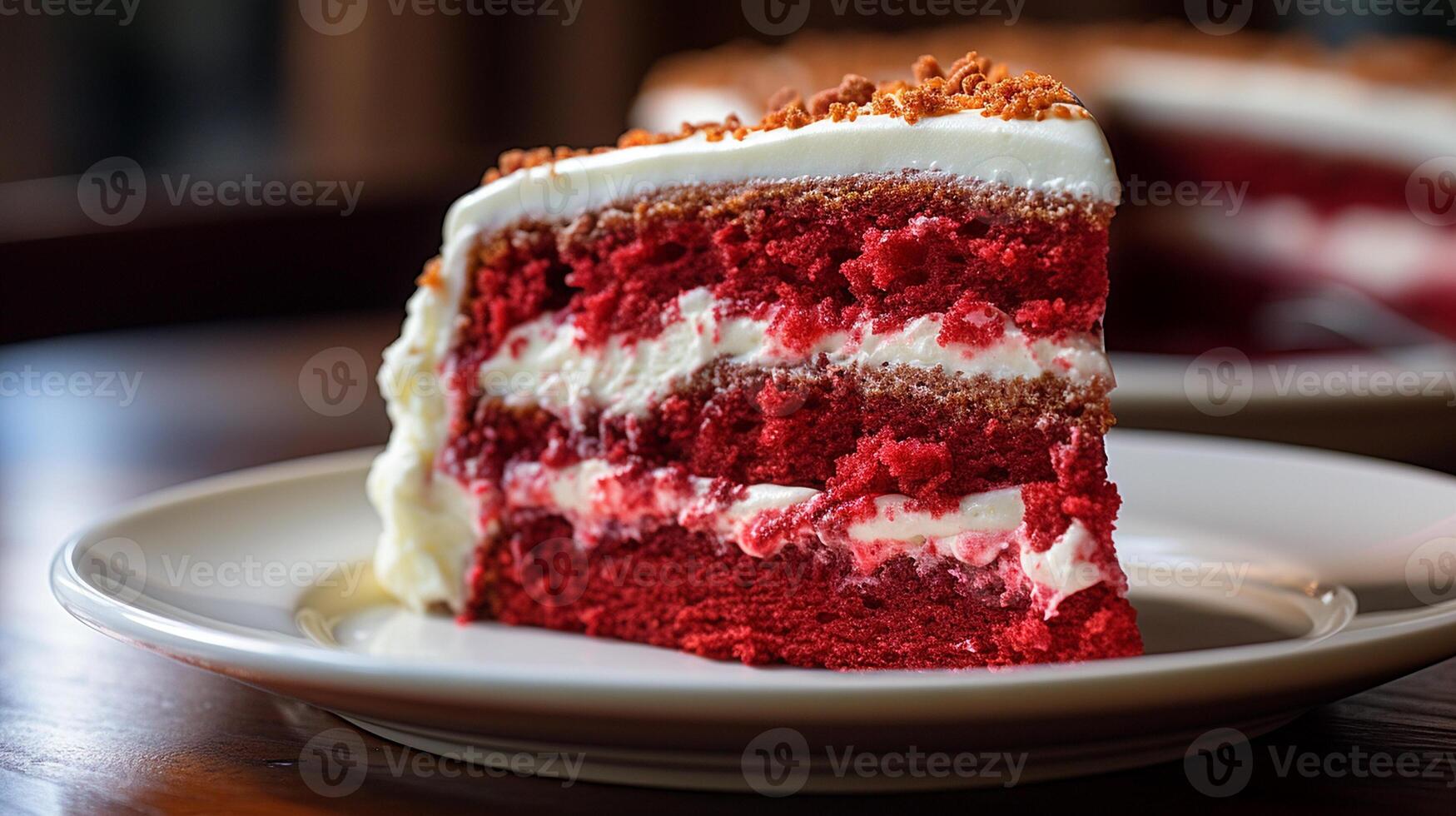 ai generado un rebanada de rojo terciopelo pastel con cremoso blanco Crema, macro Disparo foto