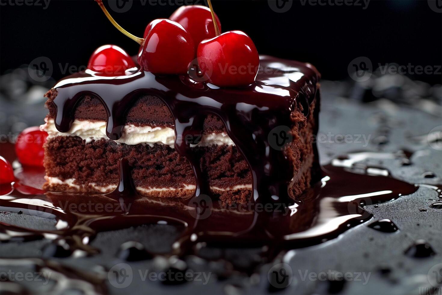 AI generated Slice of Black Forest Cake with Chocolate Cherry Combination against a dark background, Macro Shot photo