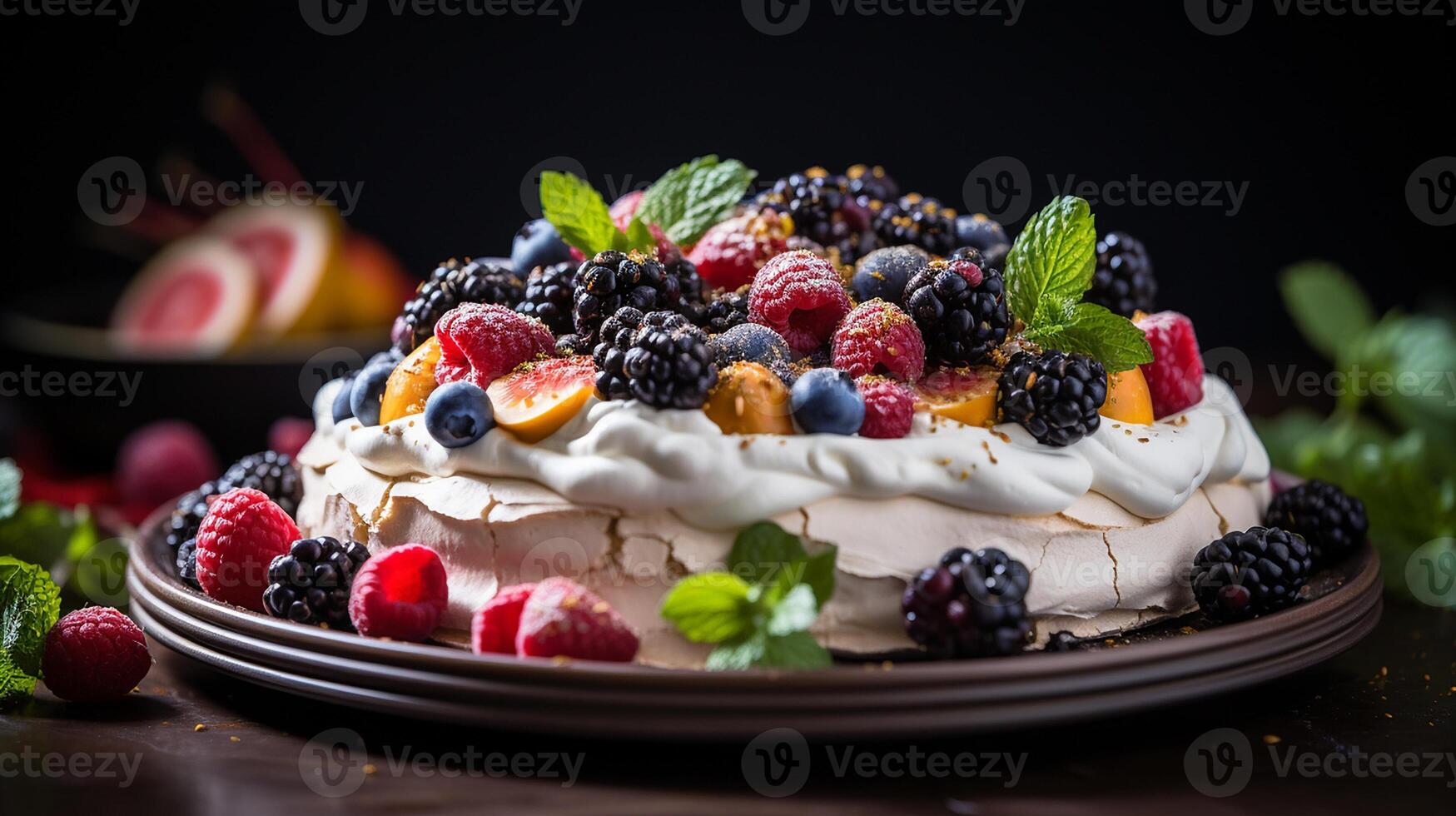 AI generated A Pavlova cake surrounded by scattered berries and mint leaves on a rustic metal tray, Mid-angle Shot photo