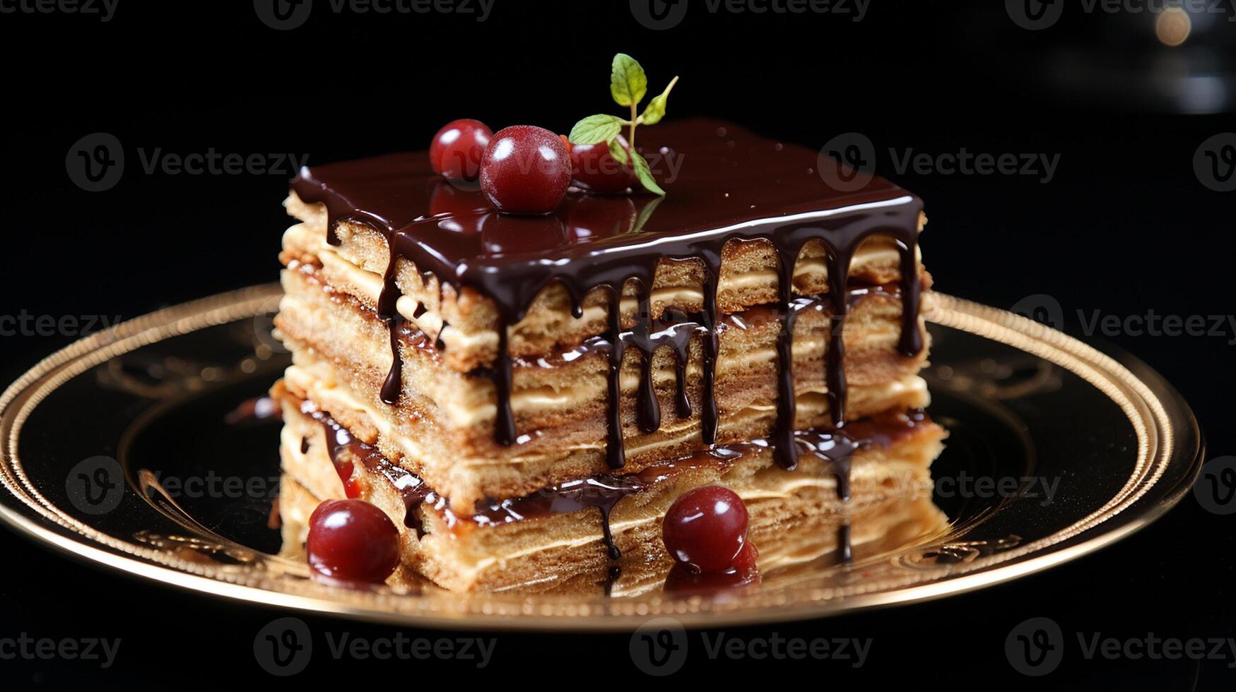 AI generated Opera cake with chocolate glaze and layers of almond visible from the side set against a black backdrop, Macro Shot photo
