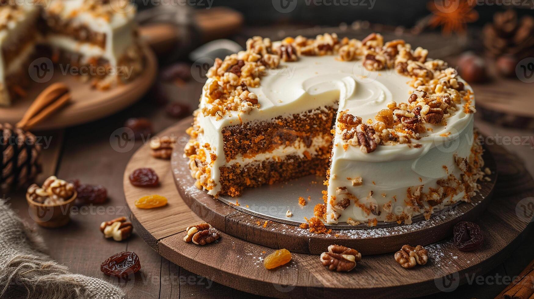 AI generated A homemade Carrot Cake presented on a rustic wooden table, Mid-angle Shot photo