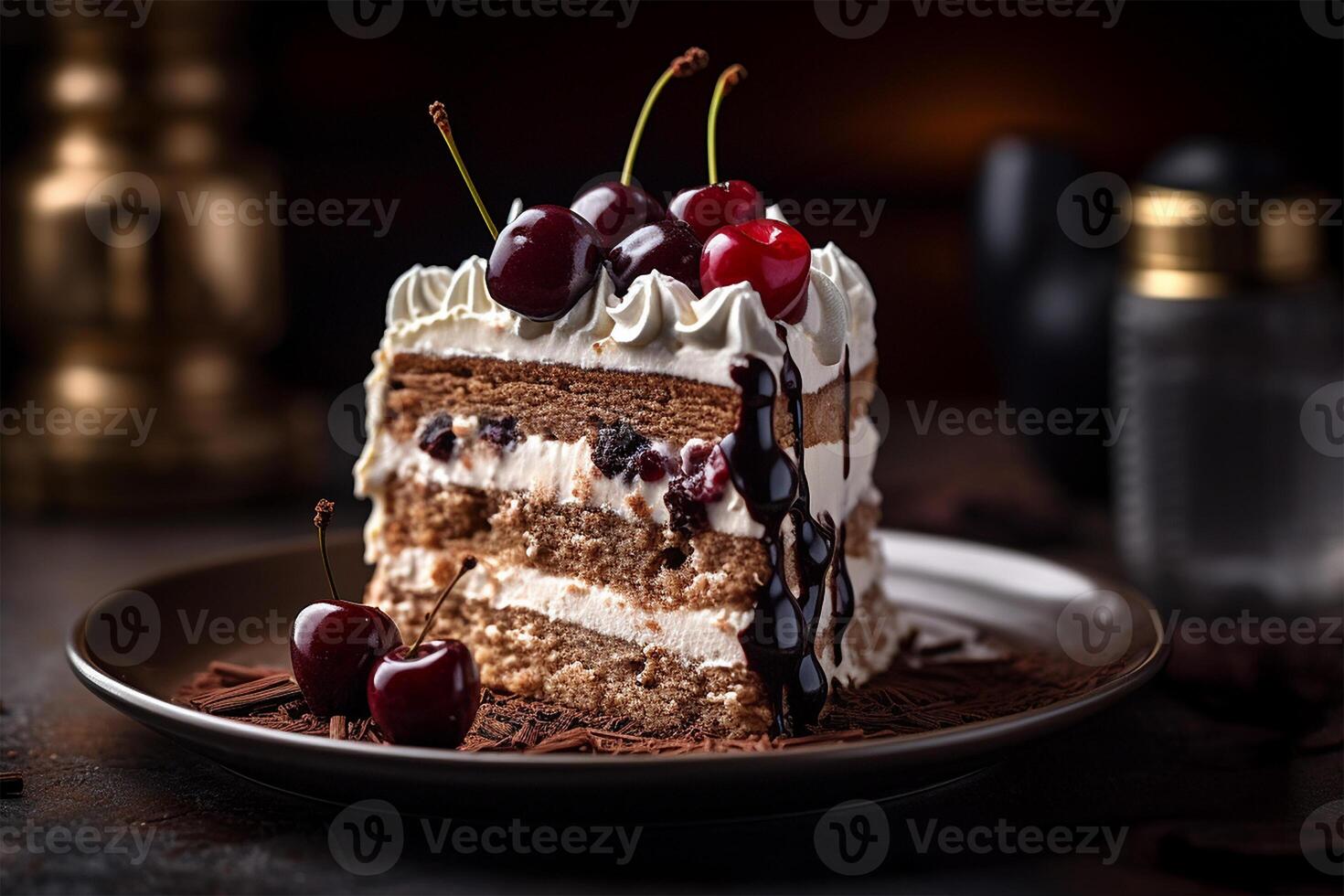 AI generated Black Forest Cake with a Fluffy Whipped Cream Topping on ceramic plate, Mid-angle Shot photo