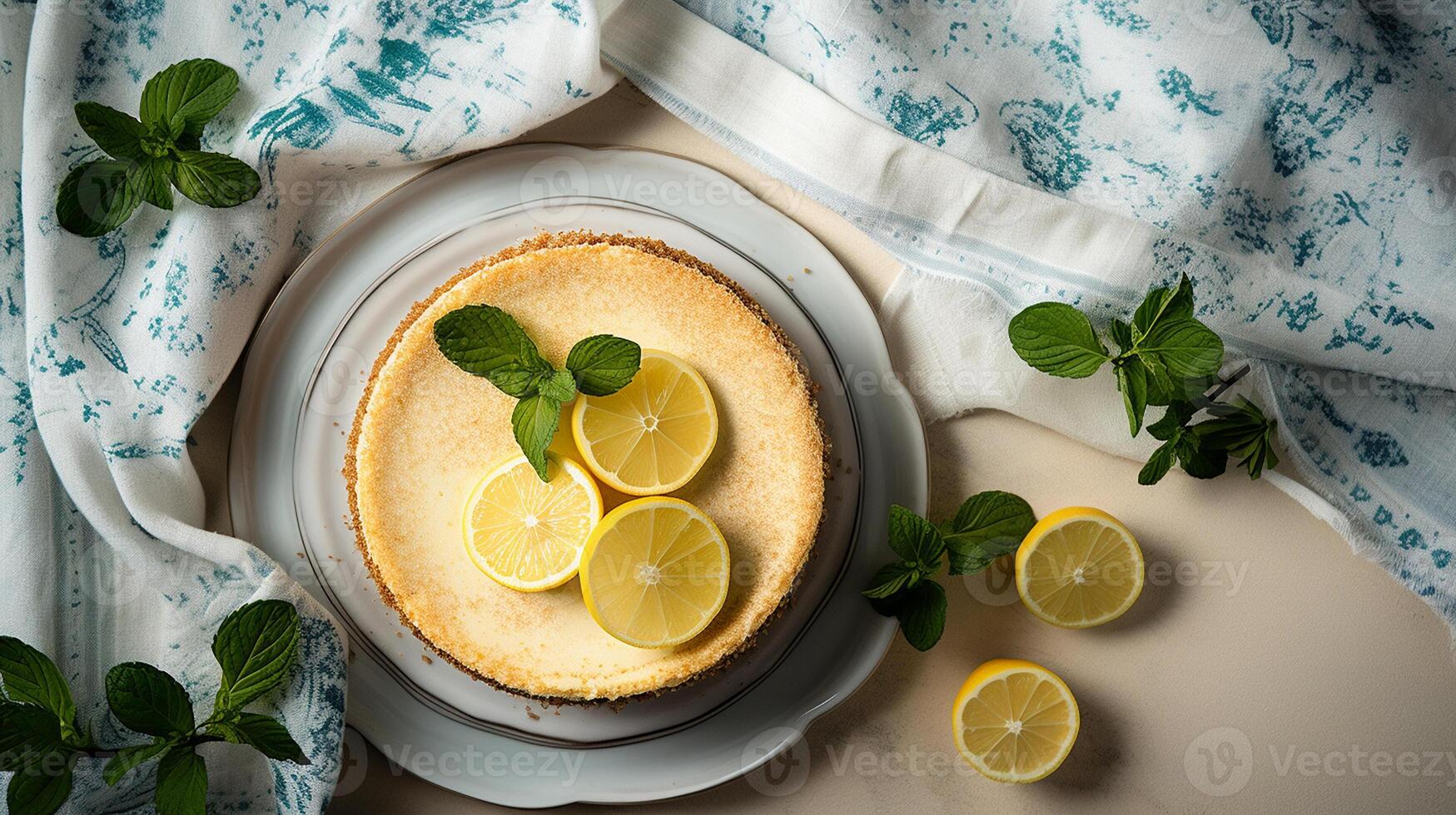 AI generated A cheesecake garnished with thin lemon slices and fresh mint leaves placed on a white plate, Overhead Shot photo