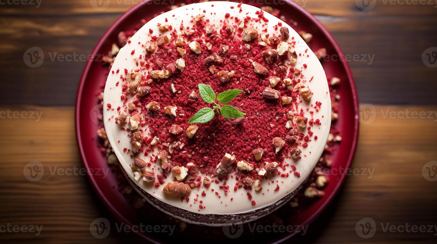 AI generated A Red Velvet Cake garnished with red velvet crumbs on a rustic wooden table, Overhead Shot photo