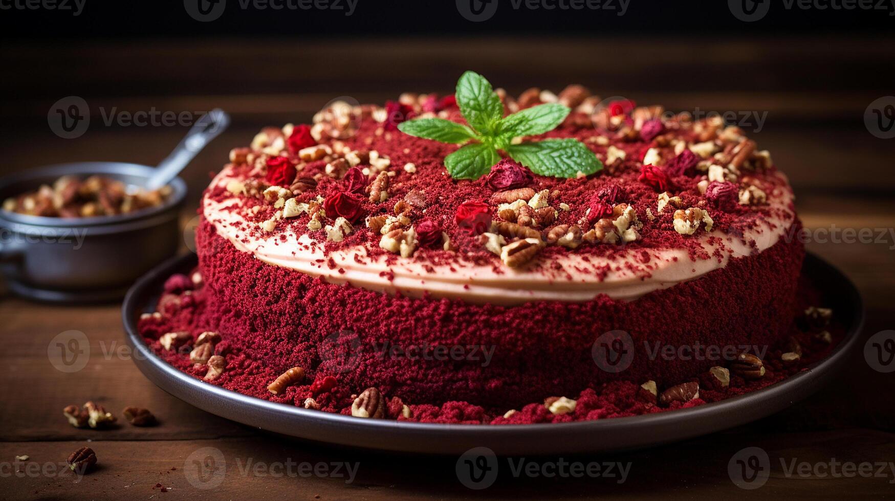 AI generated A Red Velvet Cake garnished with red velvet crumbs on a rustic wooden table, Overhead Shot photo