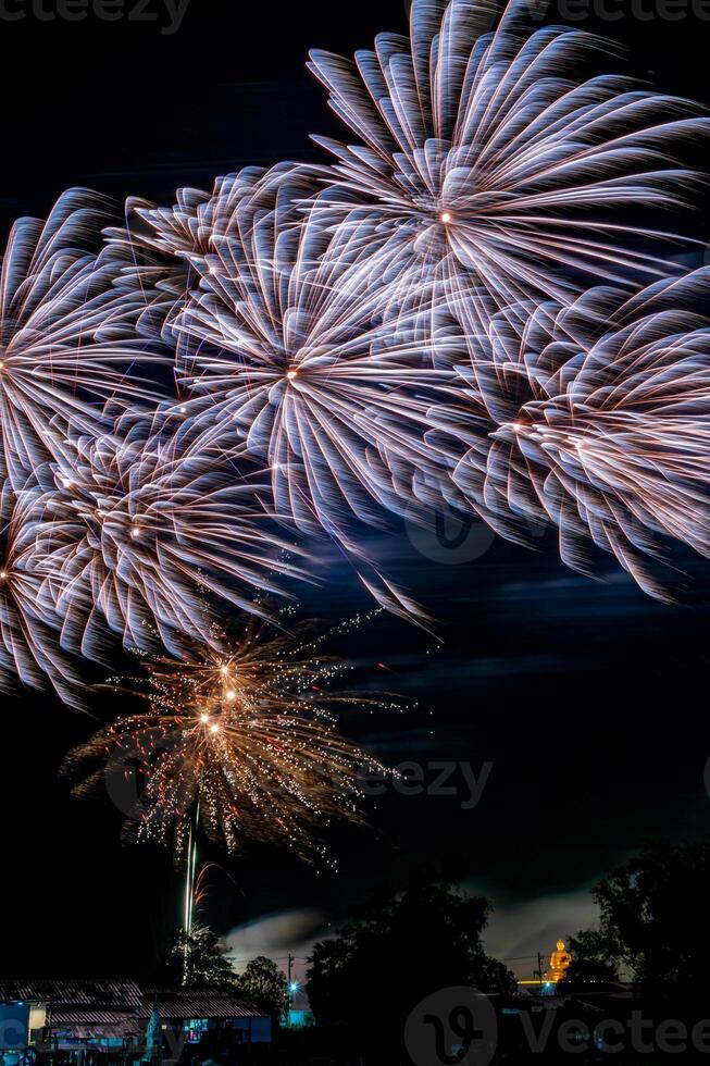 fireworks on the river in the dark sky photo