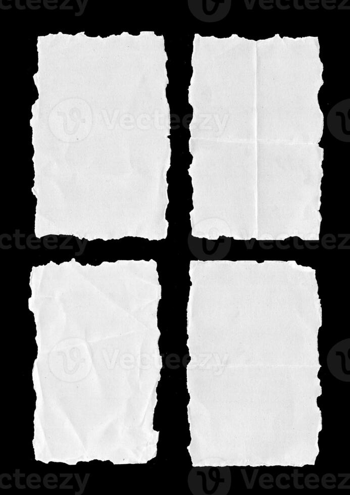 Old Black Empty Aged Damaged Paper Cardboard Photo Card Isolated on Black. Real Halftone Scan. Folded Edges. Rough Grunge Shabby Scratched Torn Ripped Texture. Distressed Overlay Surface