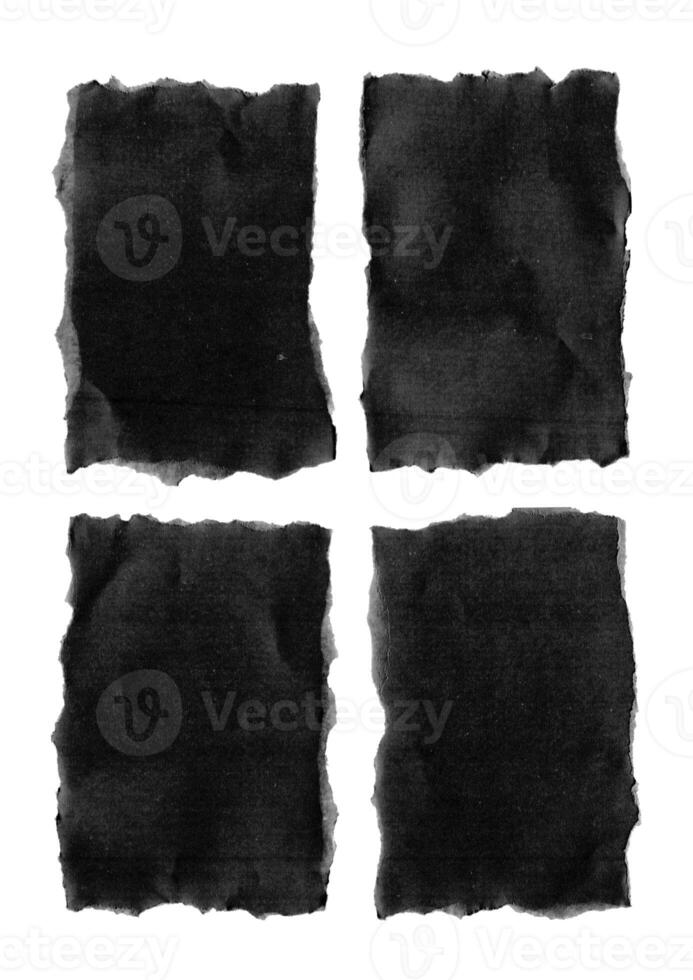 Old Black Empty Aged Damaged Paper Cardboard Photo Card Isolated on Black. Real Halftone Scan. Folded Edges. Rough Grunge Shabby Scratched Torn Ripped Texture. Distressed Overlay Surface