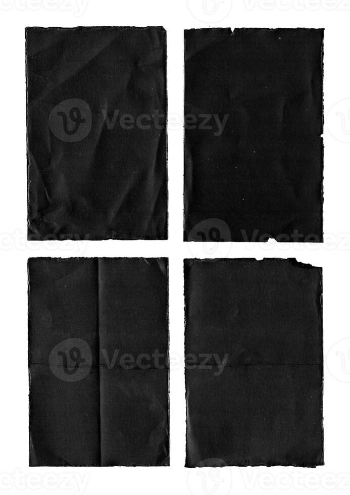 Old Black Empty Aged Damaged Paper Cardboard Photo Card Isolated on Black. Real Halftone Scan. Folded Edges. Rough Grunge Shabby Scratched Torn Ripped Texture. Distressed Overlay Surface