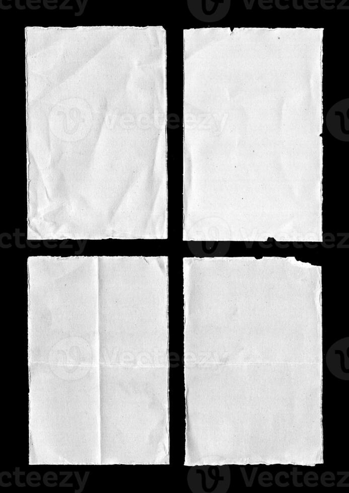 Old Black Empty Aged Damaged Paper Cardboard Photo Card Isolated on Black. Real Halftone Scan. Folded Edges. Rough Grunge Shabby Scratched Torn Ripped Texture. Distressed Overlay Surface