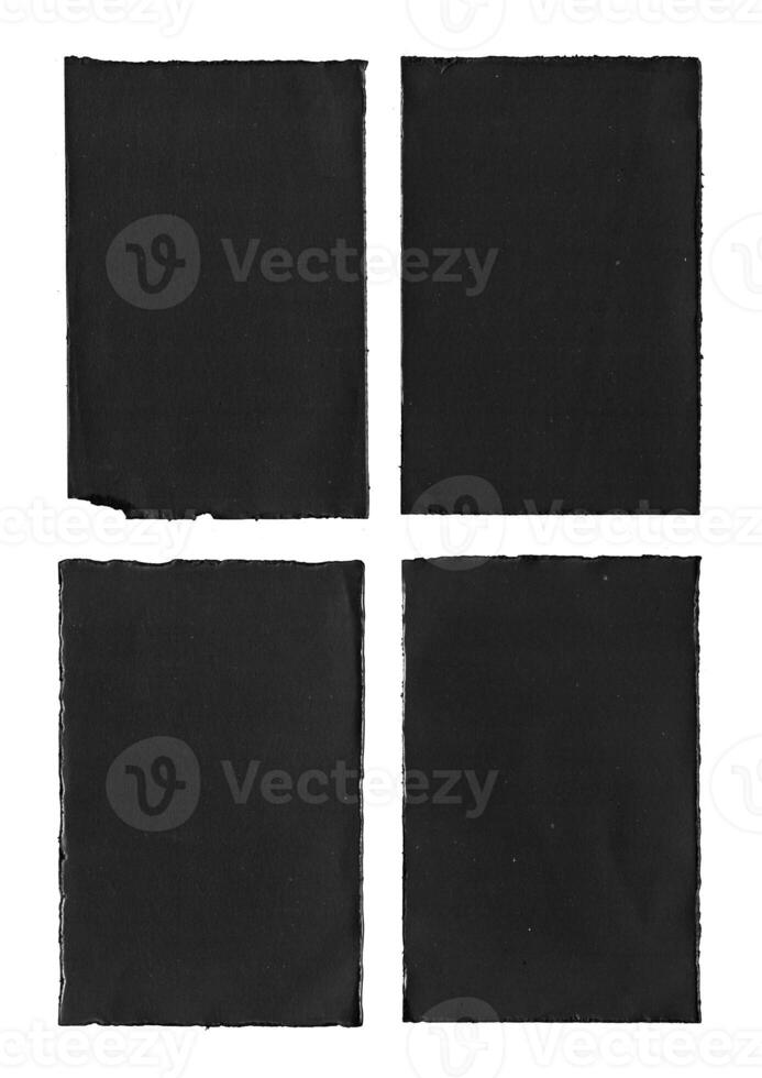 Old Black Empty Aged Damaged Paper Cardboard Photo Card Isolated on Black. Real Halftone Scan. Folded Edges. Rough Grunge Shabby Scratched Torn Ripped Texture. Distressed Overlay Surface