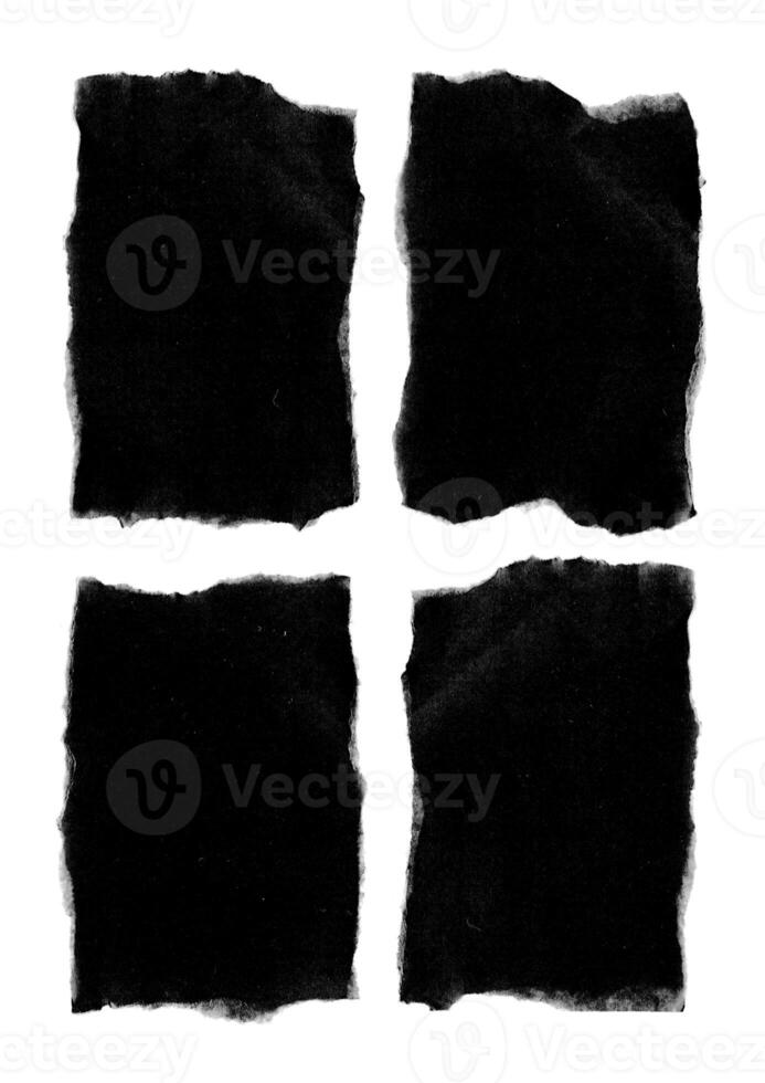 Old Black Empty Aged Damaged Paper Cardboard Photo Card Isolated on Black. Real Halftone Scan. Folded Edges. Rough Grunge Shabby Scratched Torn Ripped Texture. Distressed Overlay Surface