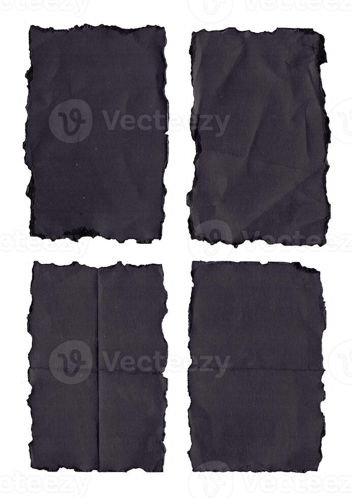 Old Black Empty Aged Damaged Paper Cardboard Photo Card Isolated on Black. Real Halftone Scan. Folded Edges. Rough Grunge Shabby Scratched Torn Ripped Texture. Distressed Overlay Surface