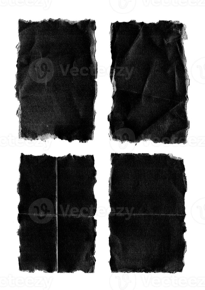 Old Black Empty Aged Damaged Paper Cardboard Photo Card Isolated on Black. Real Halftone Scan. Folded Edges. Rough Grunge Shabby Scratched Torn Ripped Texture. Distressed Overlay Surface