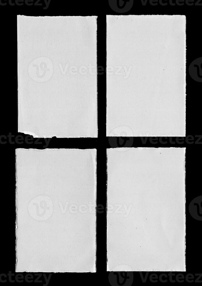 Old Black Empty Aged Damaged Paper Cardboard Photo Card Isolated on Black. Real Halftone Scan. Folded Edges. Rough Grunge Shabby Scratched Torn Ripped Texture. Distressed Overlay Surface