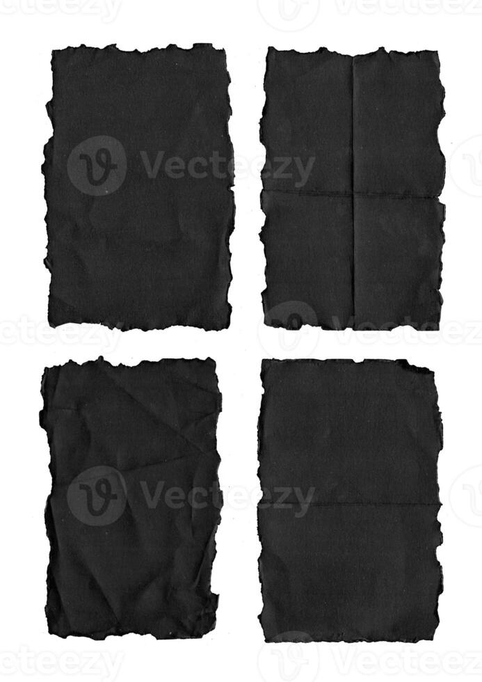 Old Black Empty Aged Damaged Paper Cardboard Photo Card Isolated on Black. Real Halftone Scan. Folded Edges. Rough Grunge Shabby Scratched Torn Ripped Texture. Distressed Overlay Surface
