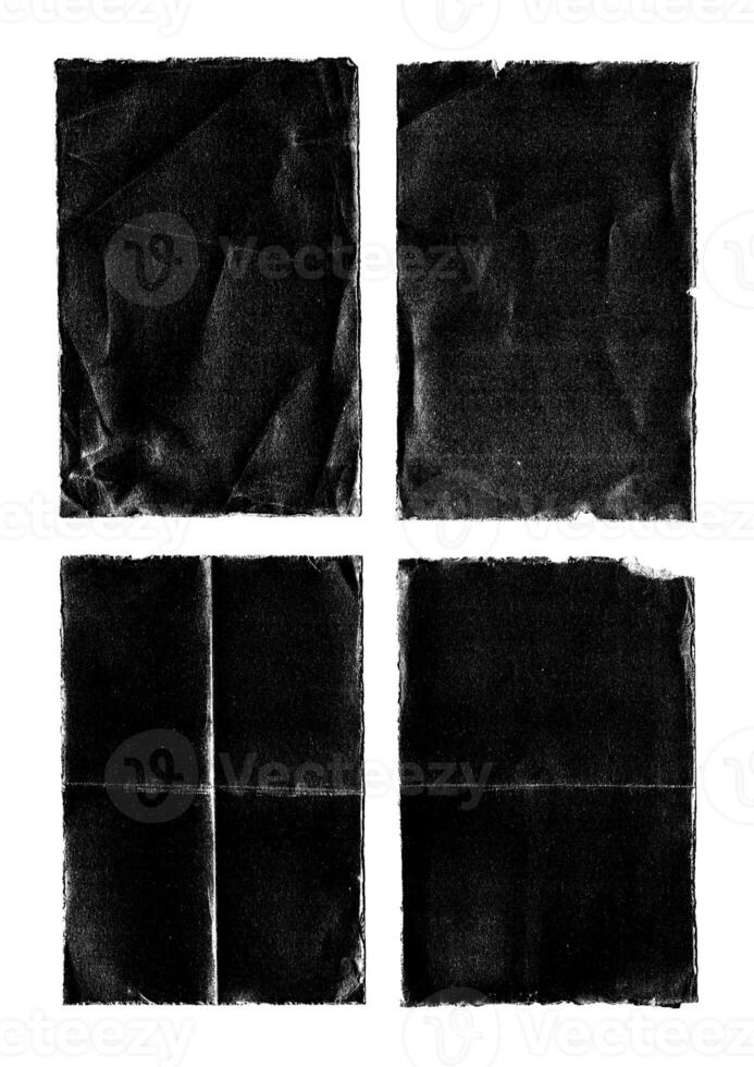 Old Black Empty Aged Damaged Paper Cardboard Photo Card Isolated on Black. Real Halftone Scan. Folded Edges. Rough Grunge Shabby Scratched Torn Ripped Texture. Distressed Overlay Surface