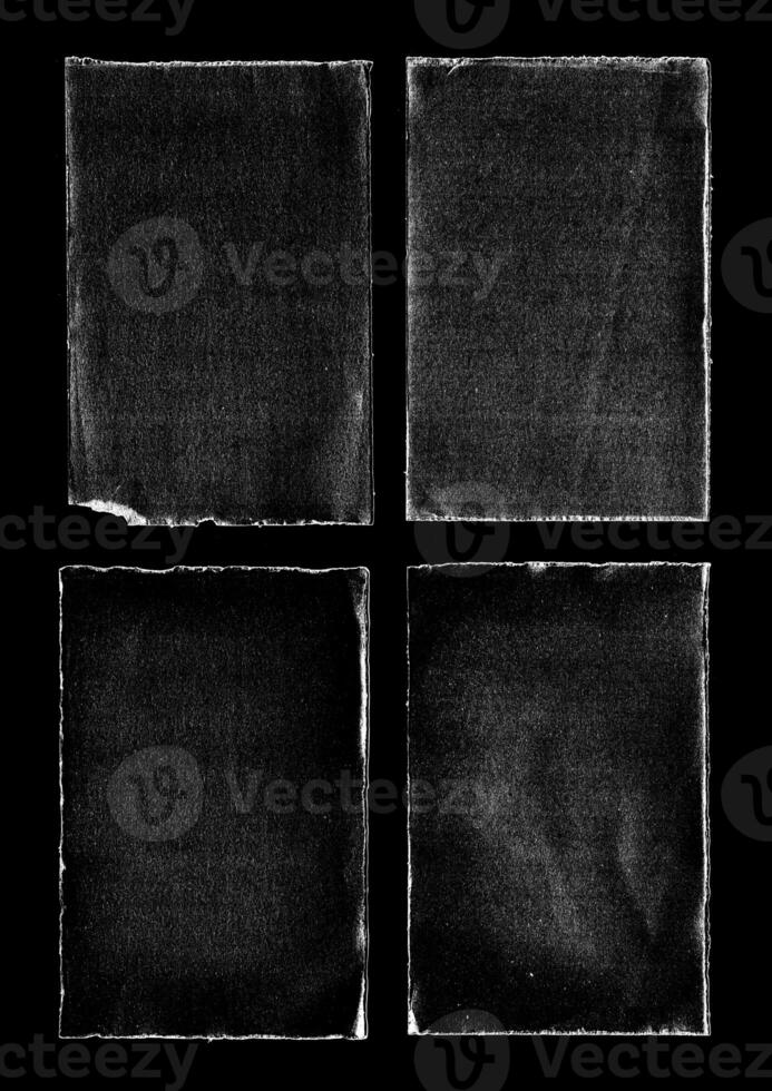 Old Black Empty Aged Damaged Paper Cardboard Photo Card Isolated on Black. Real Halftone Scan. Folded Edges. Rough Grunge Shabby Scratched Torn Ripped Texture. Distressed Overlay Surface