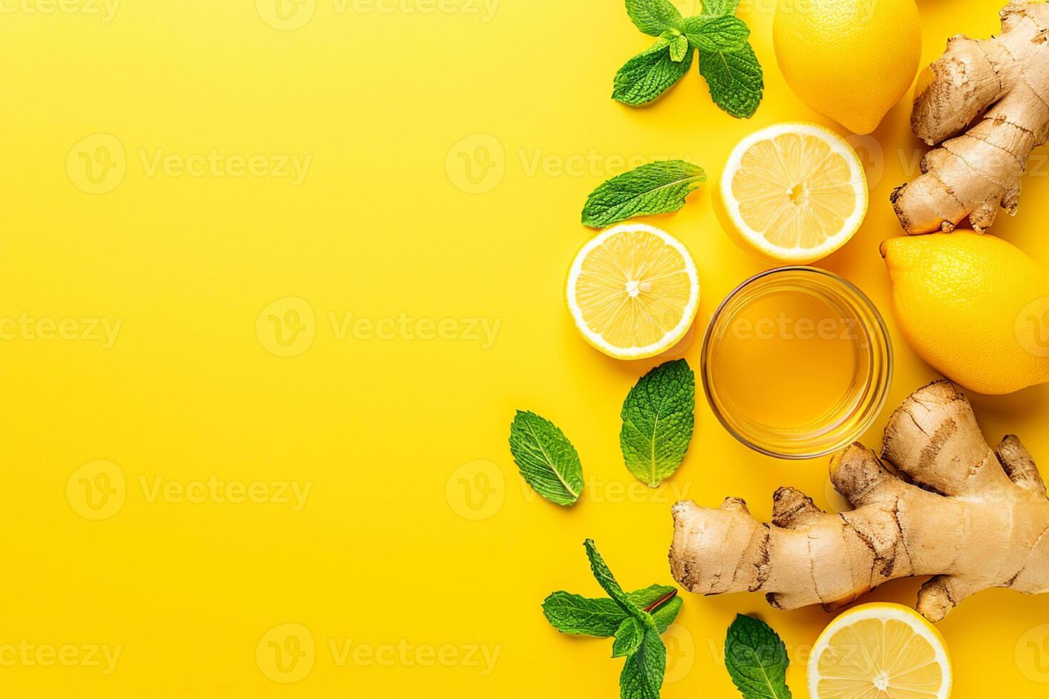 AI generated healty lifestyle concept. Lemon tea and ginger on yellow background photo