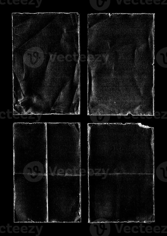 Old Black Empty Aged Damaged Paper Cardboard Photo Card Isolated on Black. Real Halftone Scan. Folded Edges. Rough Grunge Shabby Scratched Torn Ripped Texture. Distressed Overlay Surface
