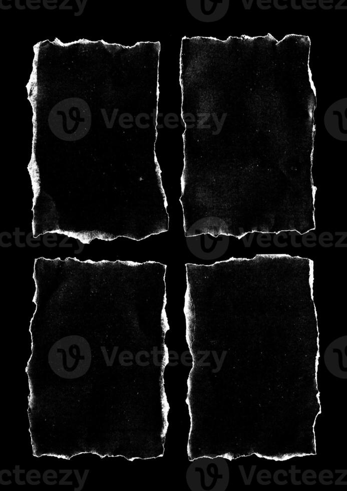 Old Black Empty Aged Damaged Paper Cardboard Photo Card Isolated on Black. Real Halftone Scan. Folded Edges. Rough Grunge Shabby Scratched Torn Ripped Texture. Distressed Overlay Surface