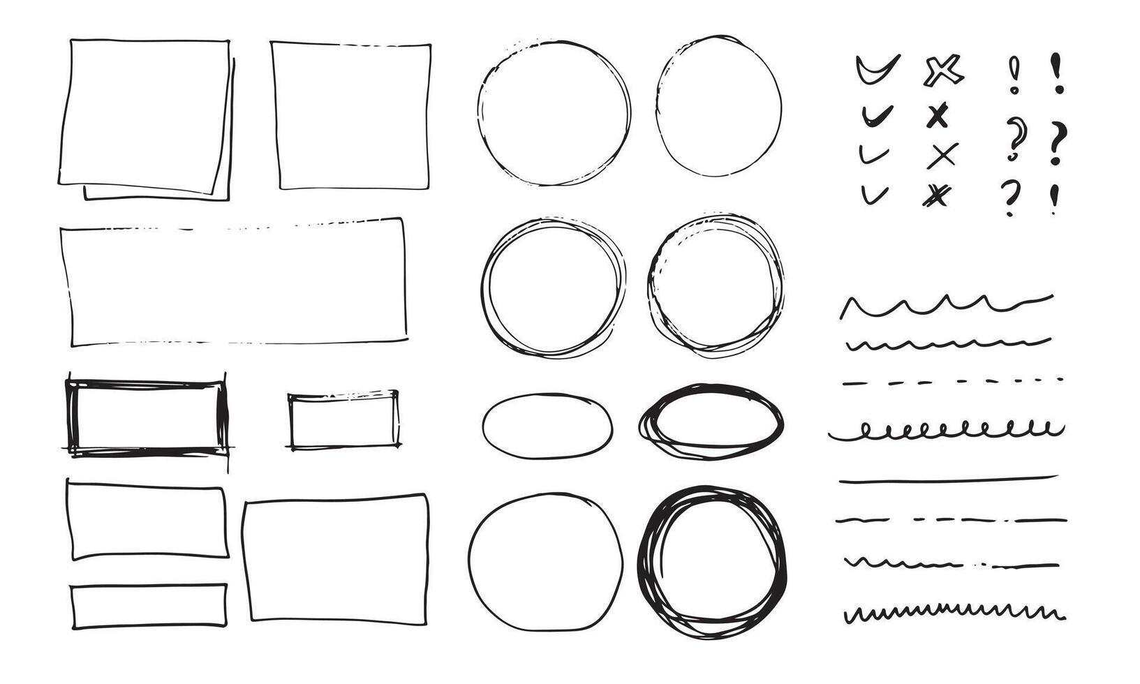 garabatear líneas vectoriales y curvas. Señales de flechas y cheques dibujados a mano. conjunto de líneas de garabatos simples, curvas, marcos y puntos. colección de efectos de lápiz. borde del garabato. conjunto de garabatos simples. vector