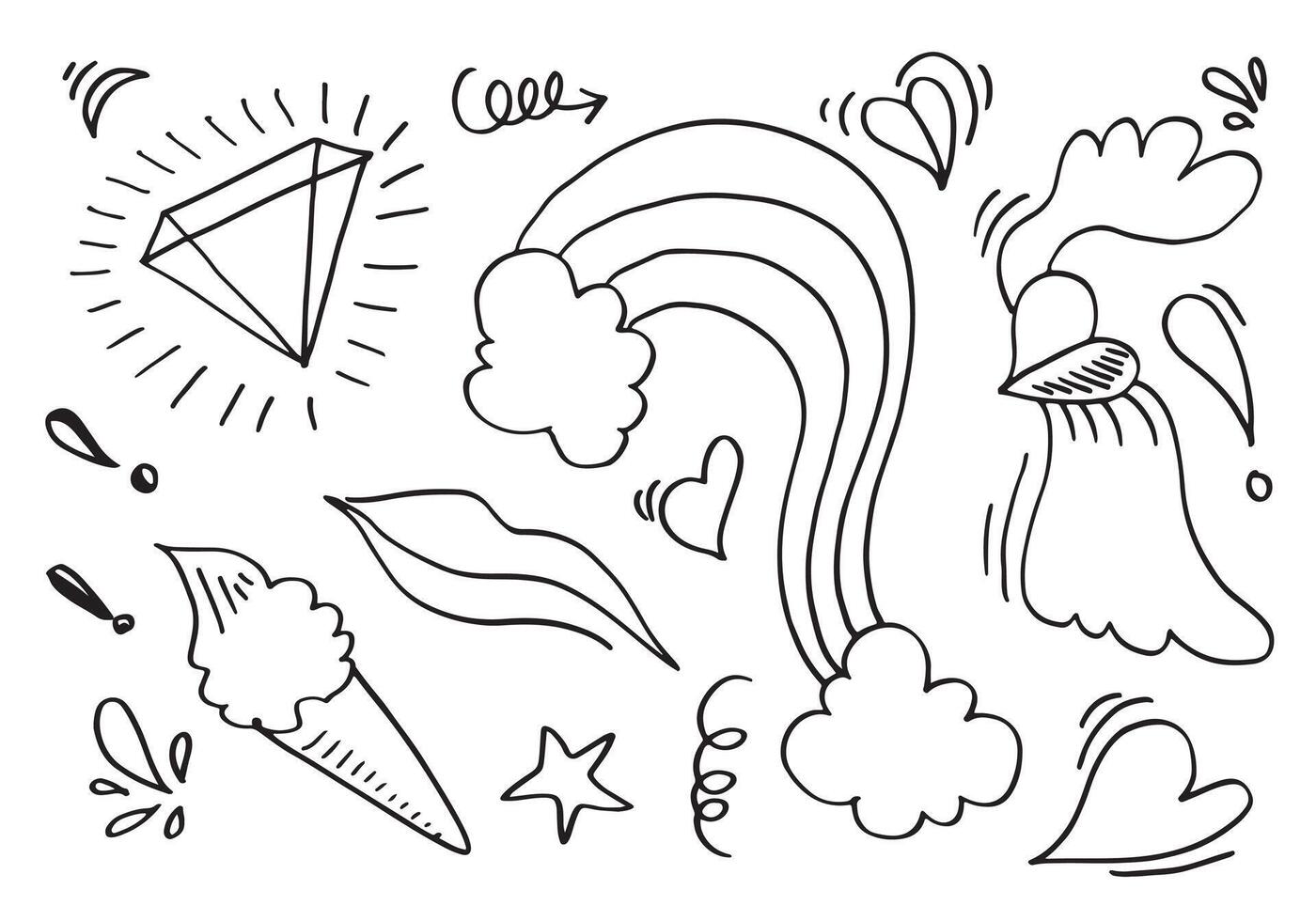 Hand drawn doodle design elements.diamond, cloud, Arrow, heart, mouth, ice cream. vector