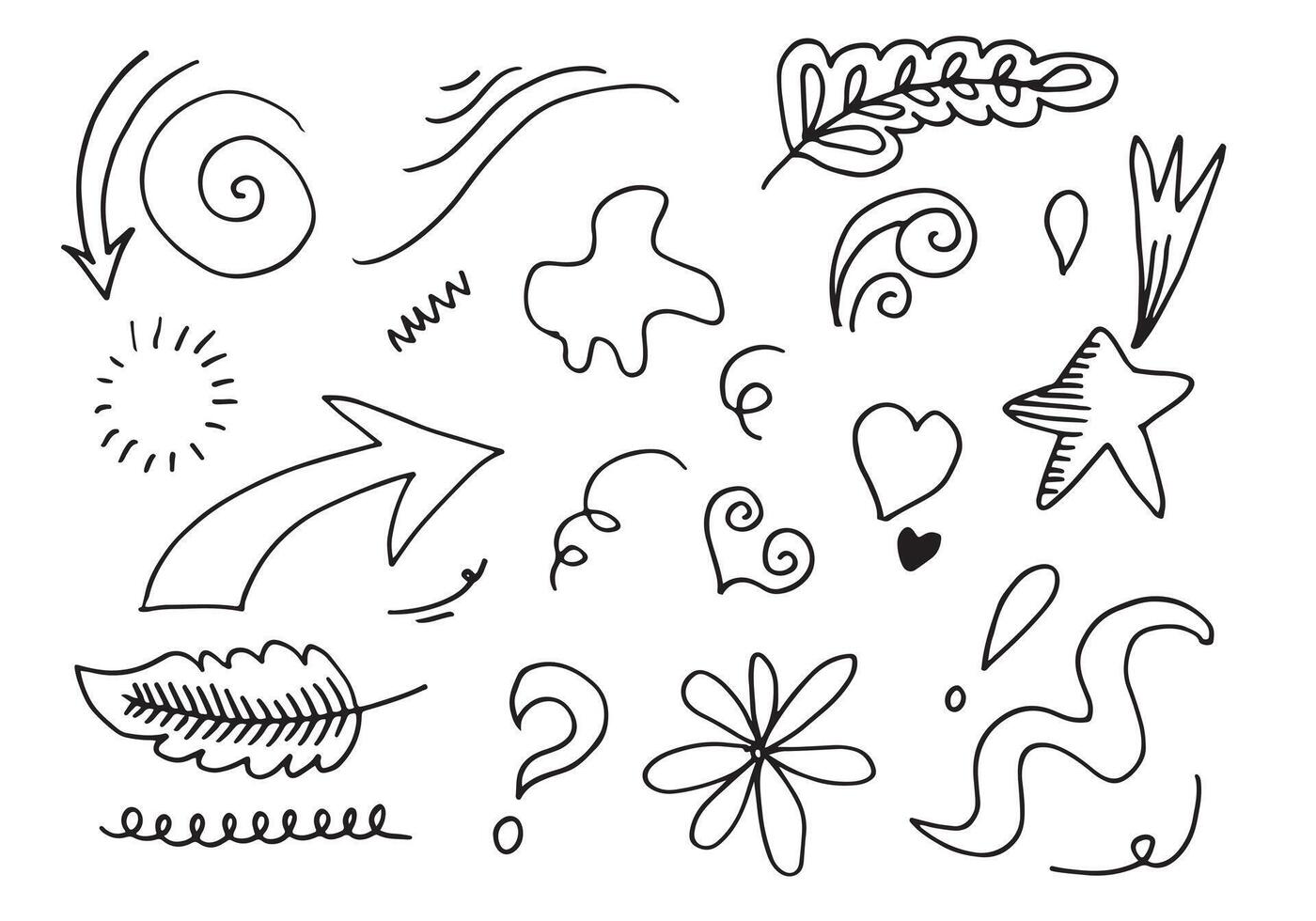 hand drawn set element,black on white background.arrow,heart,love,star,leaf,sun,light,flower,crown,king,queen,swishes,swoops,emphasis,swirl,heart,for concept design vector