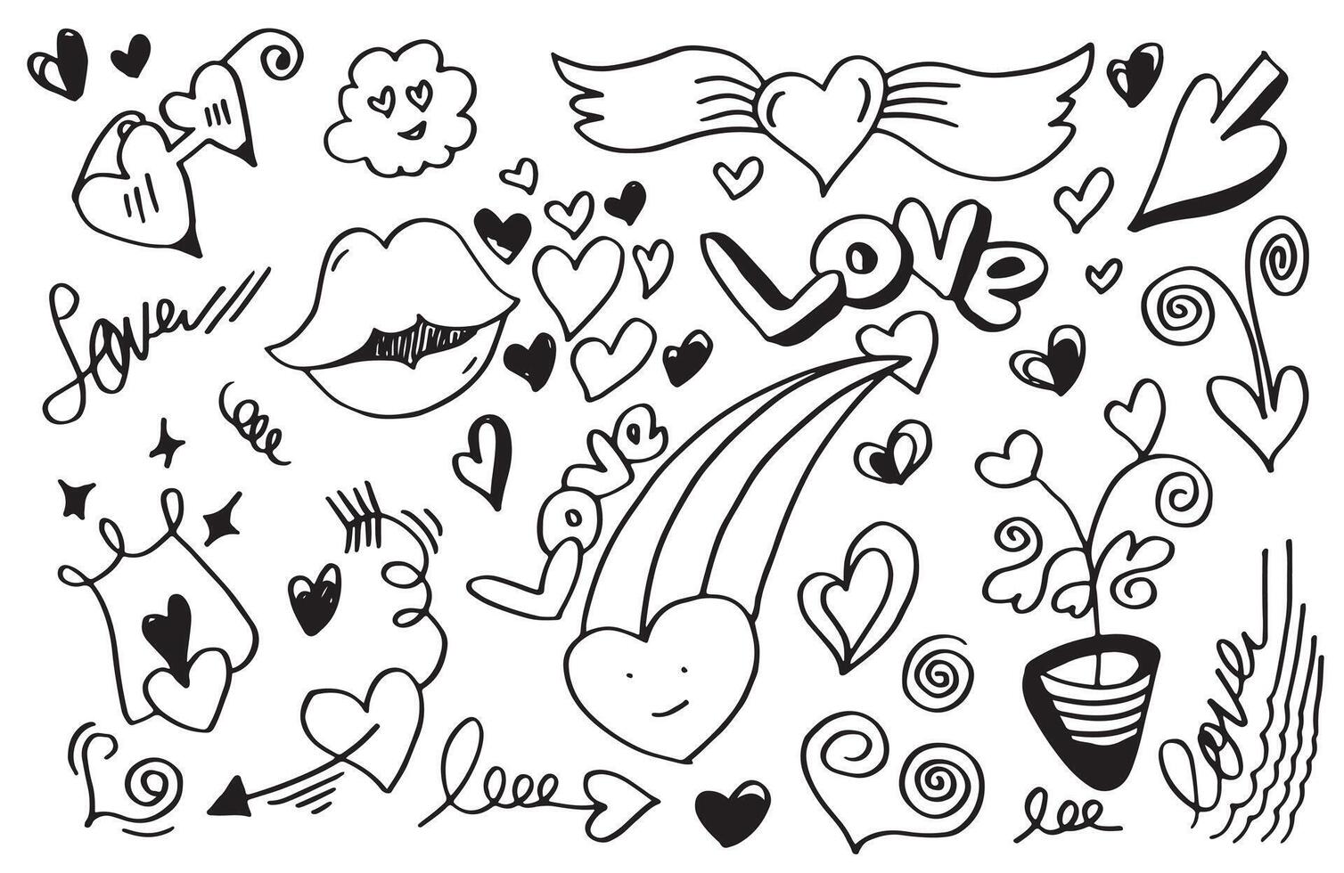 hand drawn love and hearts doodles, vector illustration.