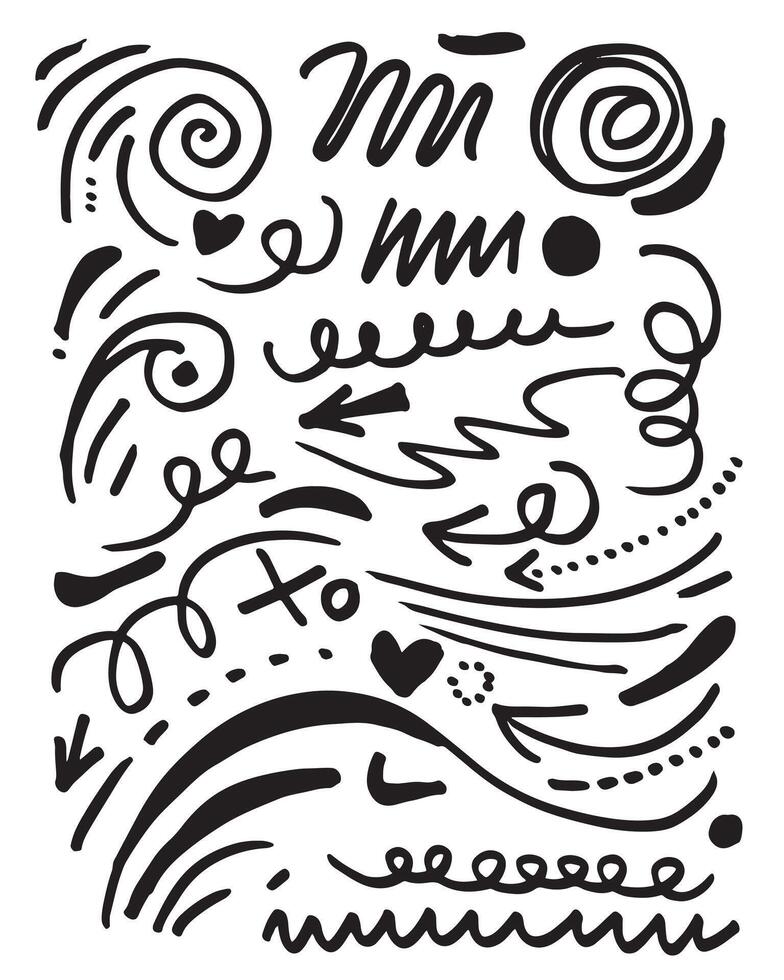 Hand drawn vector sketchy Doodle cartoon set of curls and swirls decorative elements for concept design