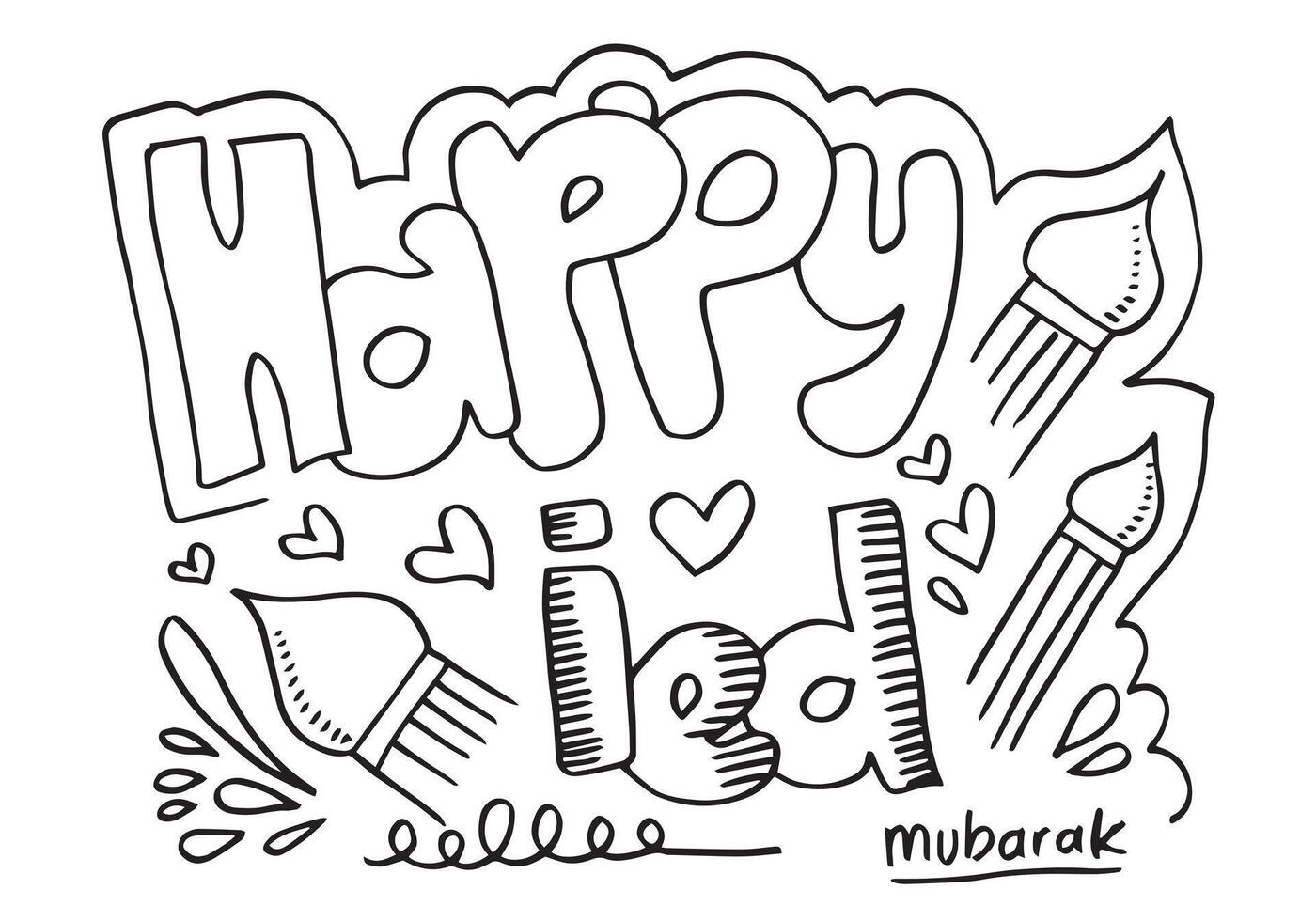 Eid Mubarak greeting with doodle style. vector