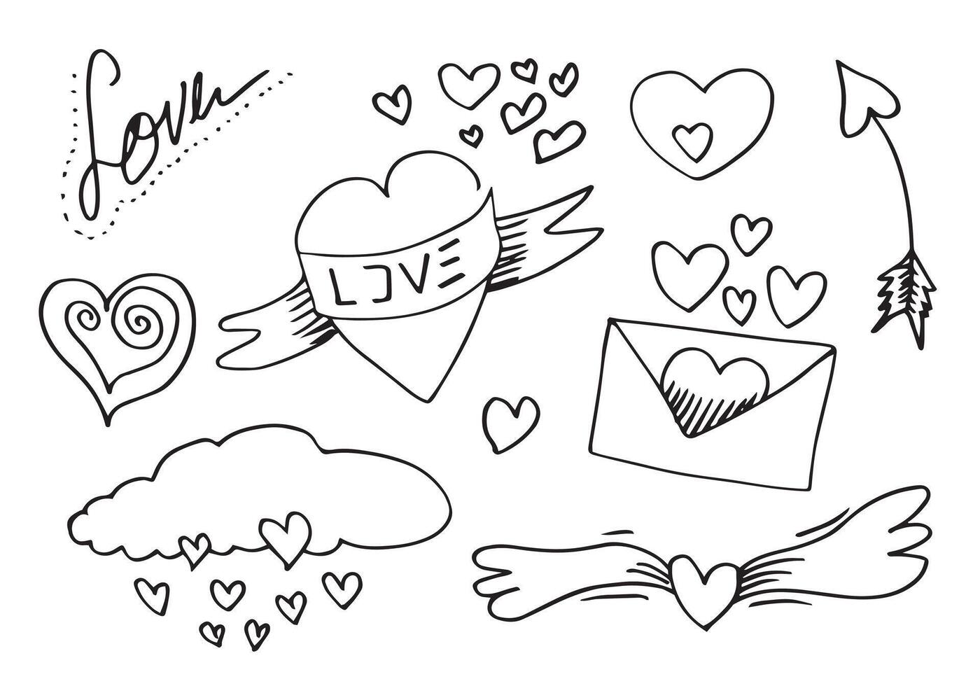 hand drawn doodles set for Valentine's Day. collection of beautiful hearts and writings Love. Vector illustration.