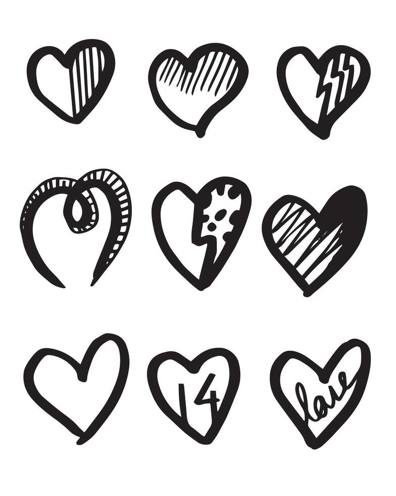 Doodle hand drawn hearts illustration on white background. vector