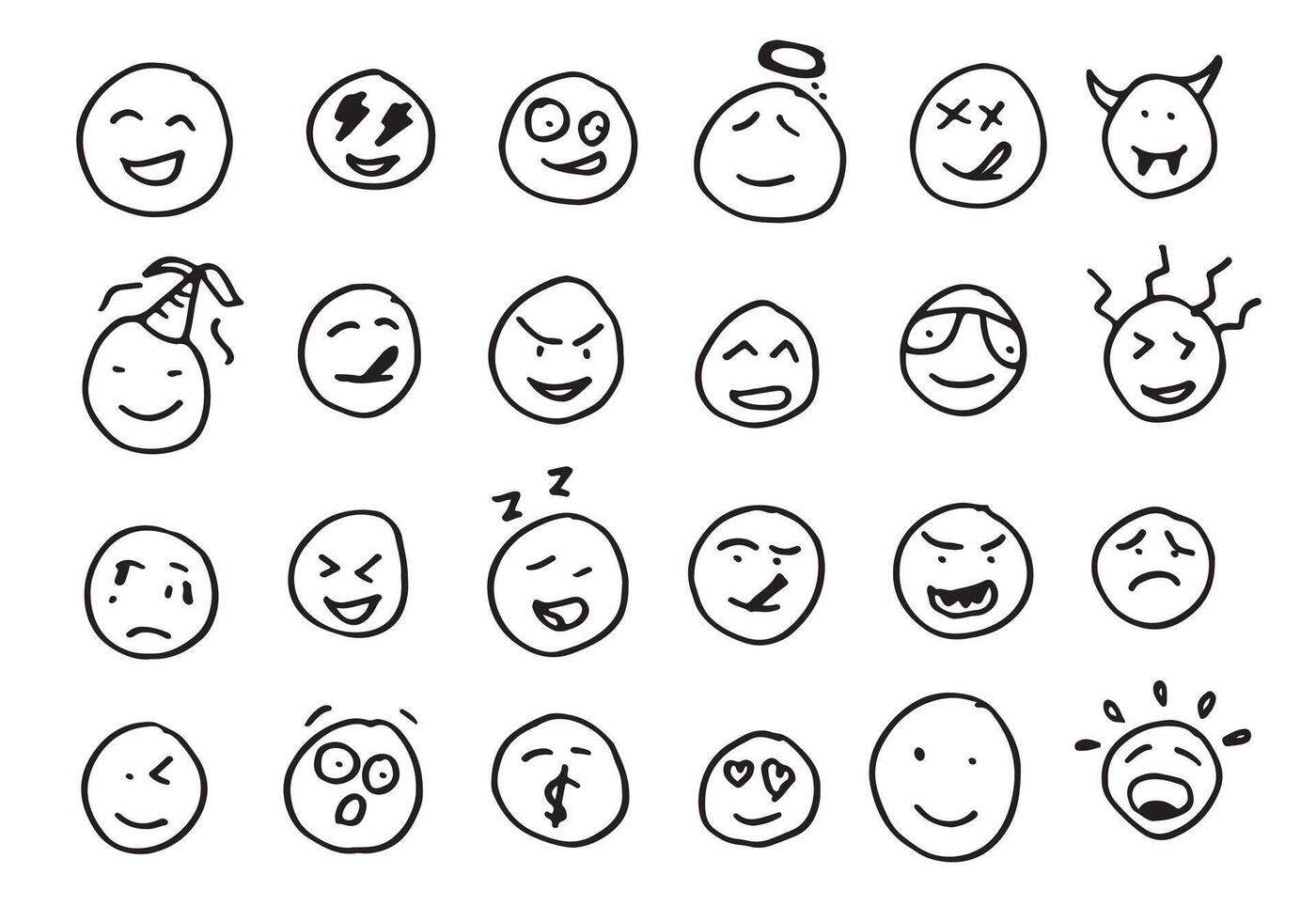 Hand drawn emoticon set, vector on white background.