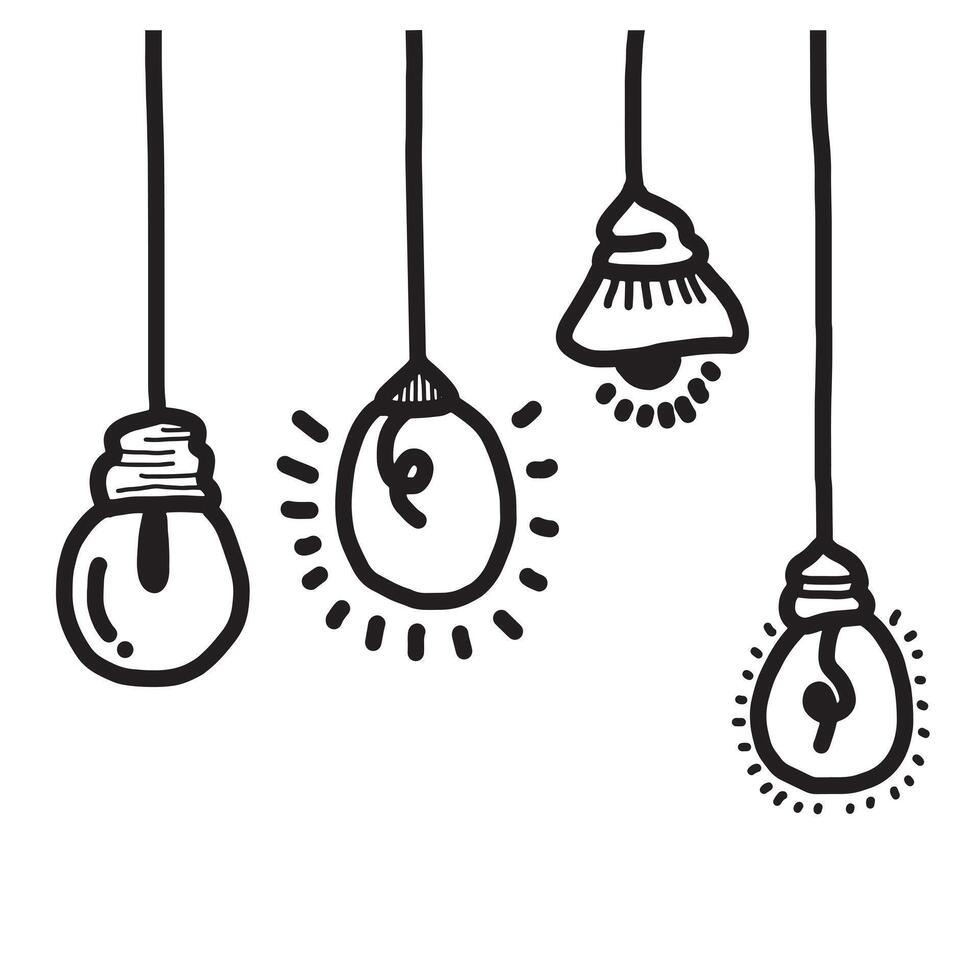 Hand drawn light bulb icons with concept of idea. Doodle style. Vector illustration.