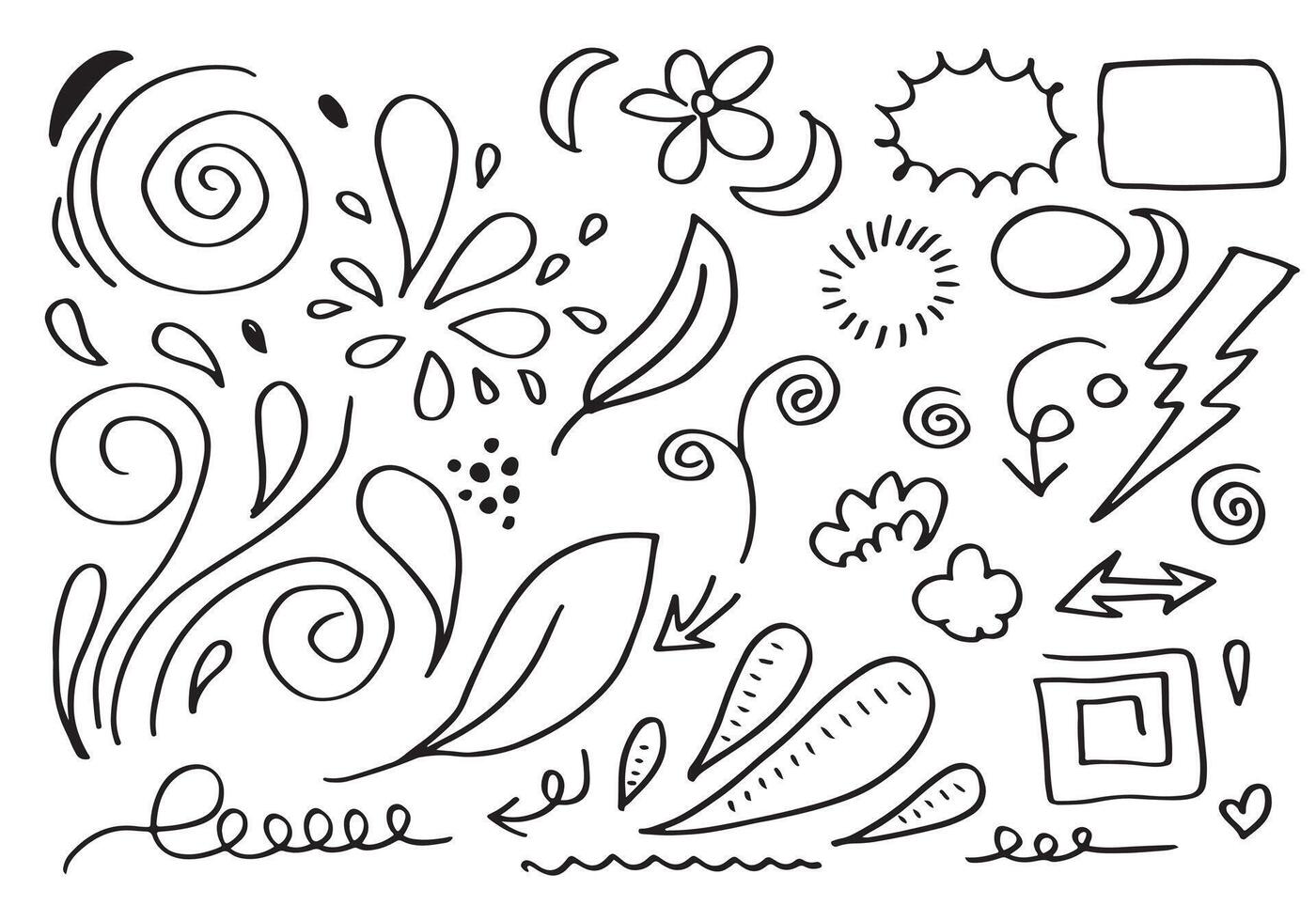 Hand drawn doodle design elements, black on white background. wind, swoops, emphasis, Arrow, cloud, line, leaf. doodle sketch design elements vector