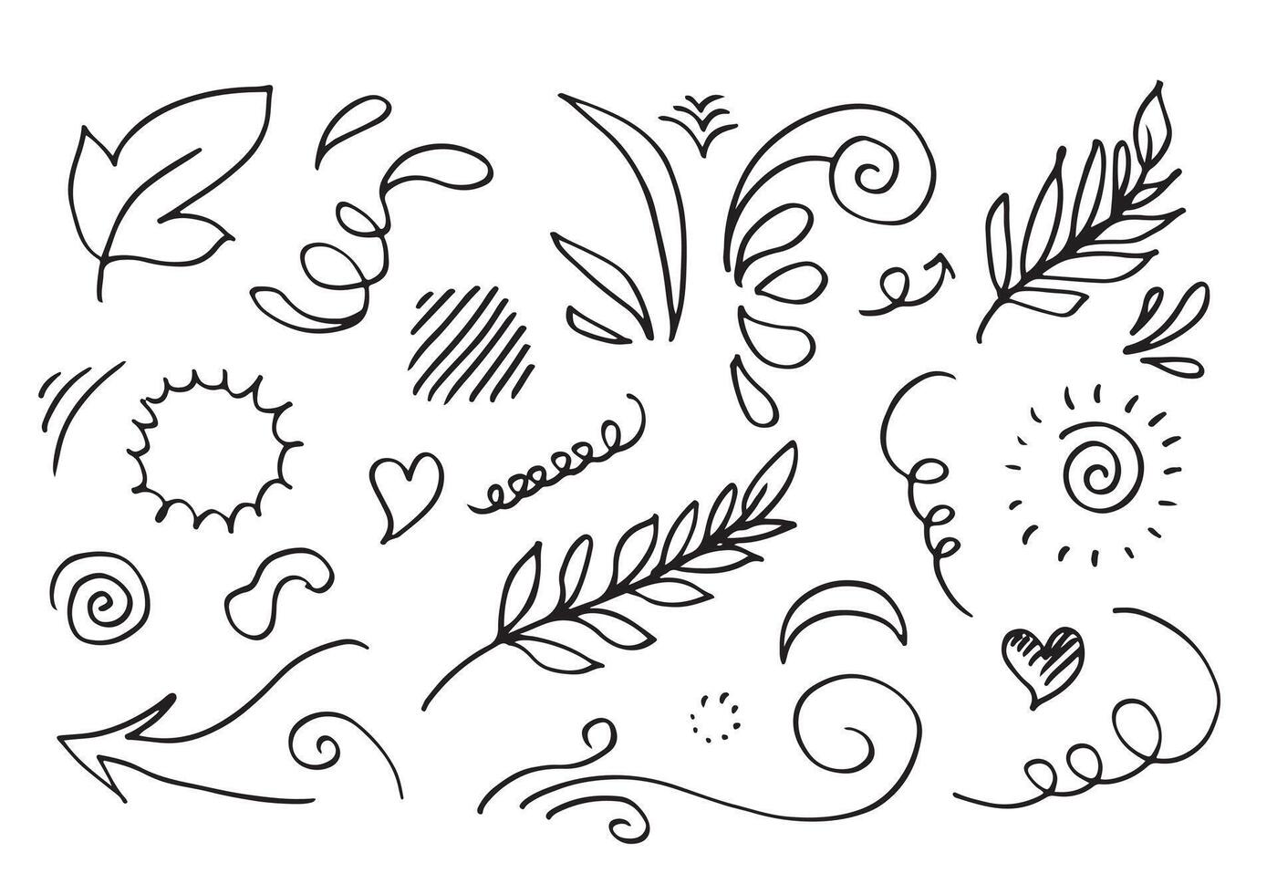 hand drawn set element,black on white background.arrow,heart,love,star,leaf,sun,light,flower,crown,king,queen,swishes,swoops,emphasis,swirl,heart,for concept design vector